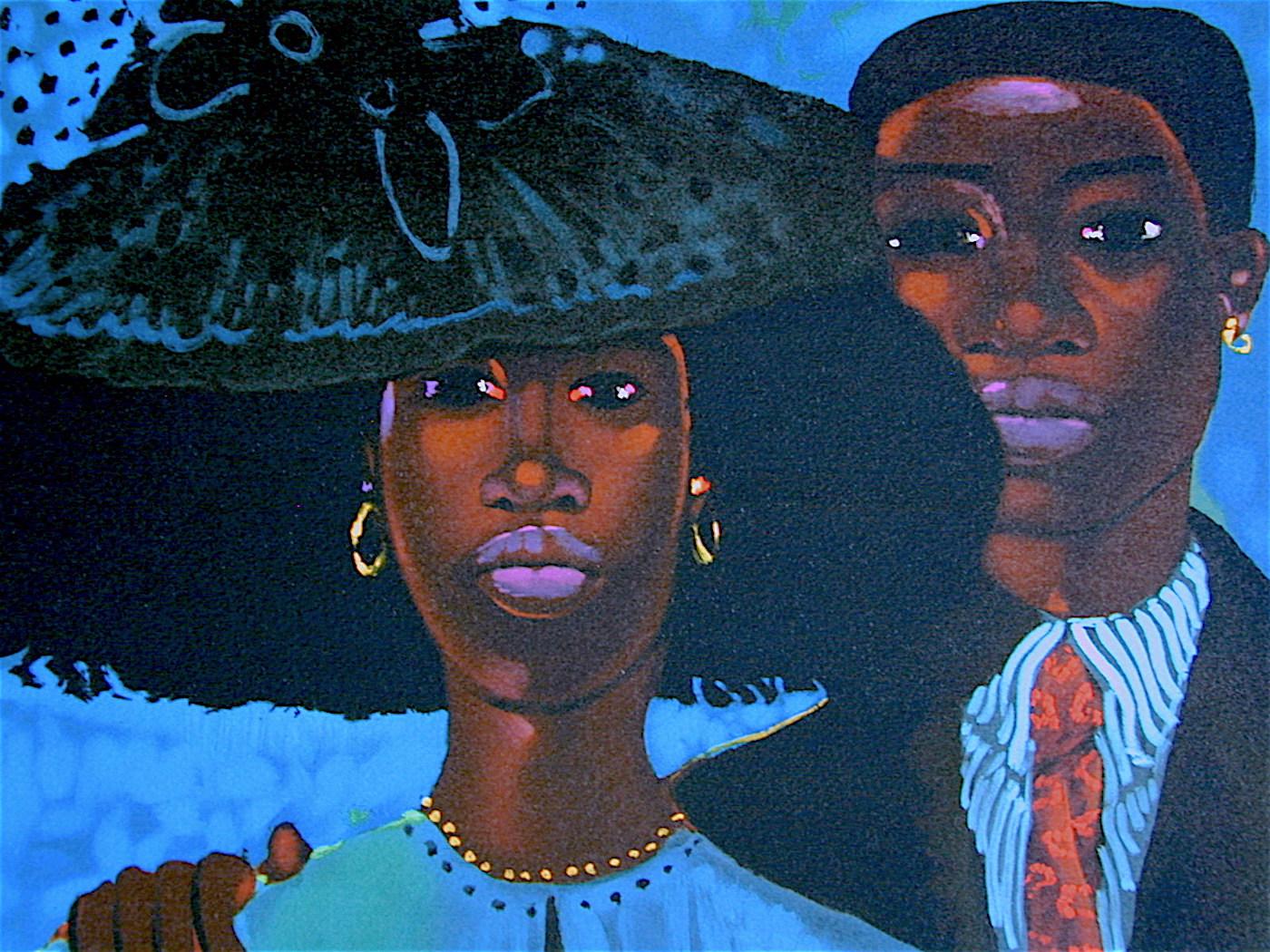 FAMILY IN BLUE Signed Lithograph, Black Family Portrait, Azure Blue, Warm Brown - Print by Geoffrey Holder