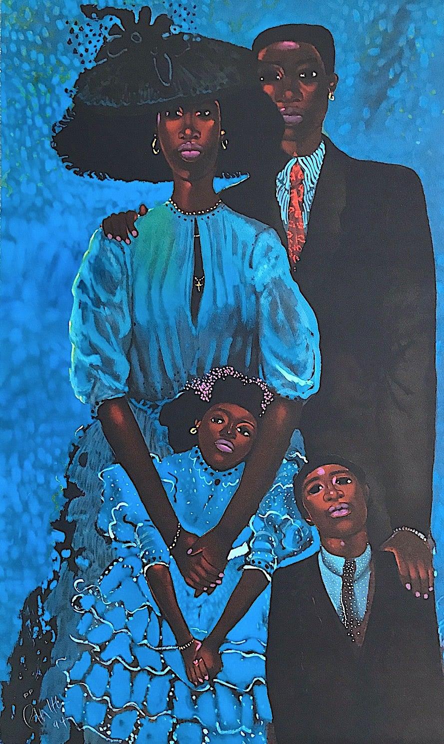 Geoffrey Holder Figurative Print - FAMILY IN BLUE Signed Lithograph, Black Family Portrait, Azure Blue, Warm Brown