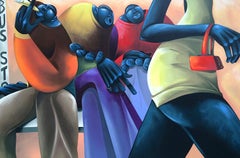 BUS STOP Signierte Lithographie, Schwarze Männer auf dem Bus, gelbes Minikleid