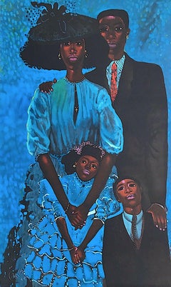 FAMILLE EN BLEU Lithographie signée:: Portrait de famille en noir:: bleu azur:: brun chaud