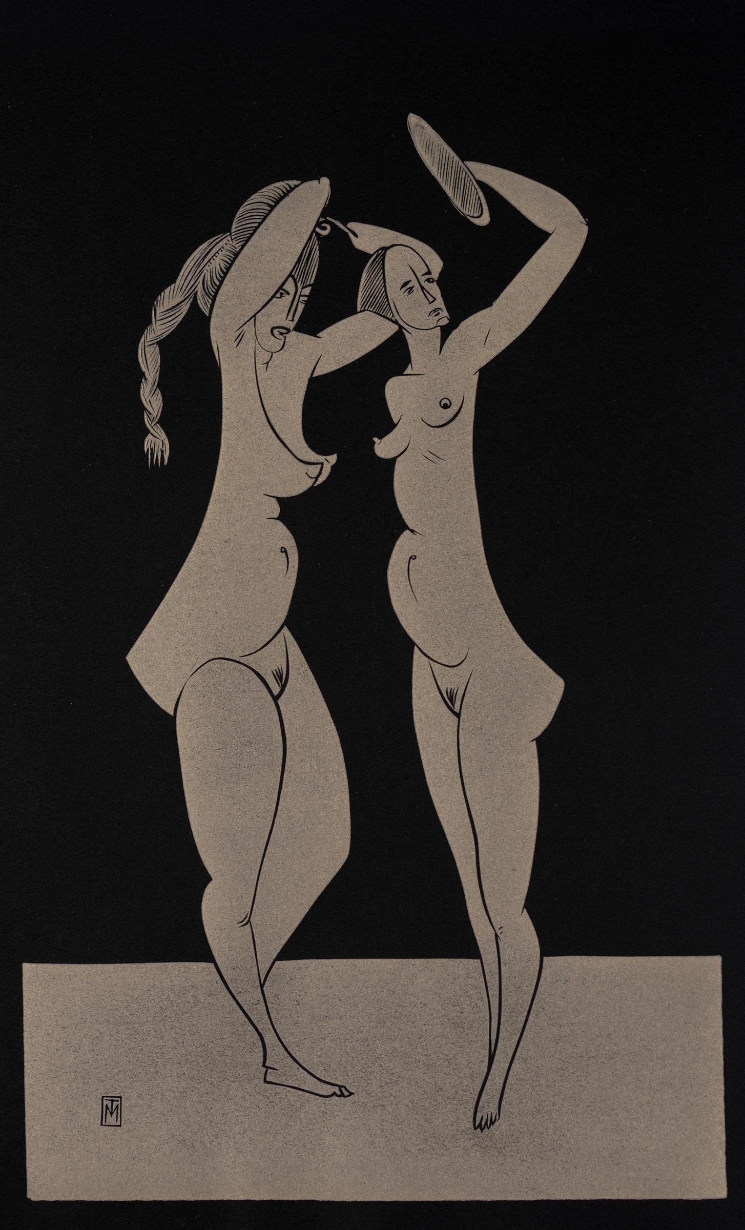 Martyn Tverdun Nude Print - "Contemplation I" - gold block print on black paper