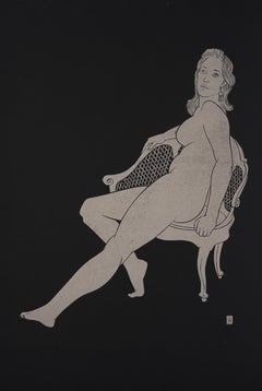 "Sitting on the Old Chair" - gold block print on black paper