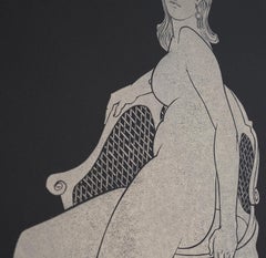 "Sitting on the Old Chair" - gold block print on black paper