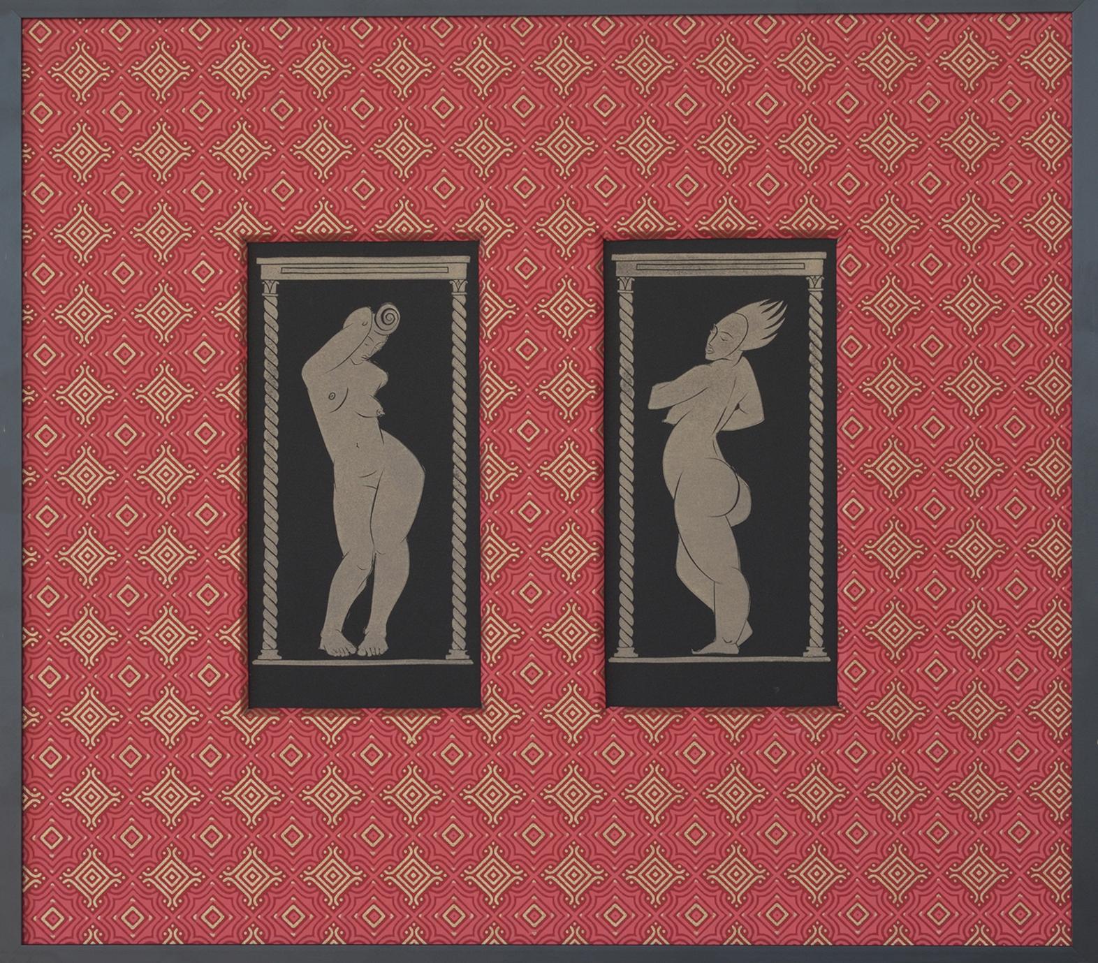 Martyn Tverdun Nude Print - "Equinox" - gold block print on black paper with red pattern mat