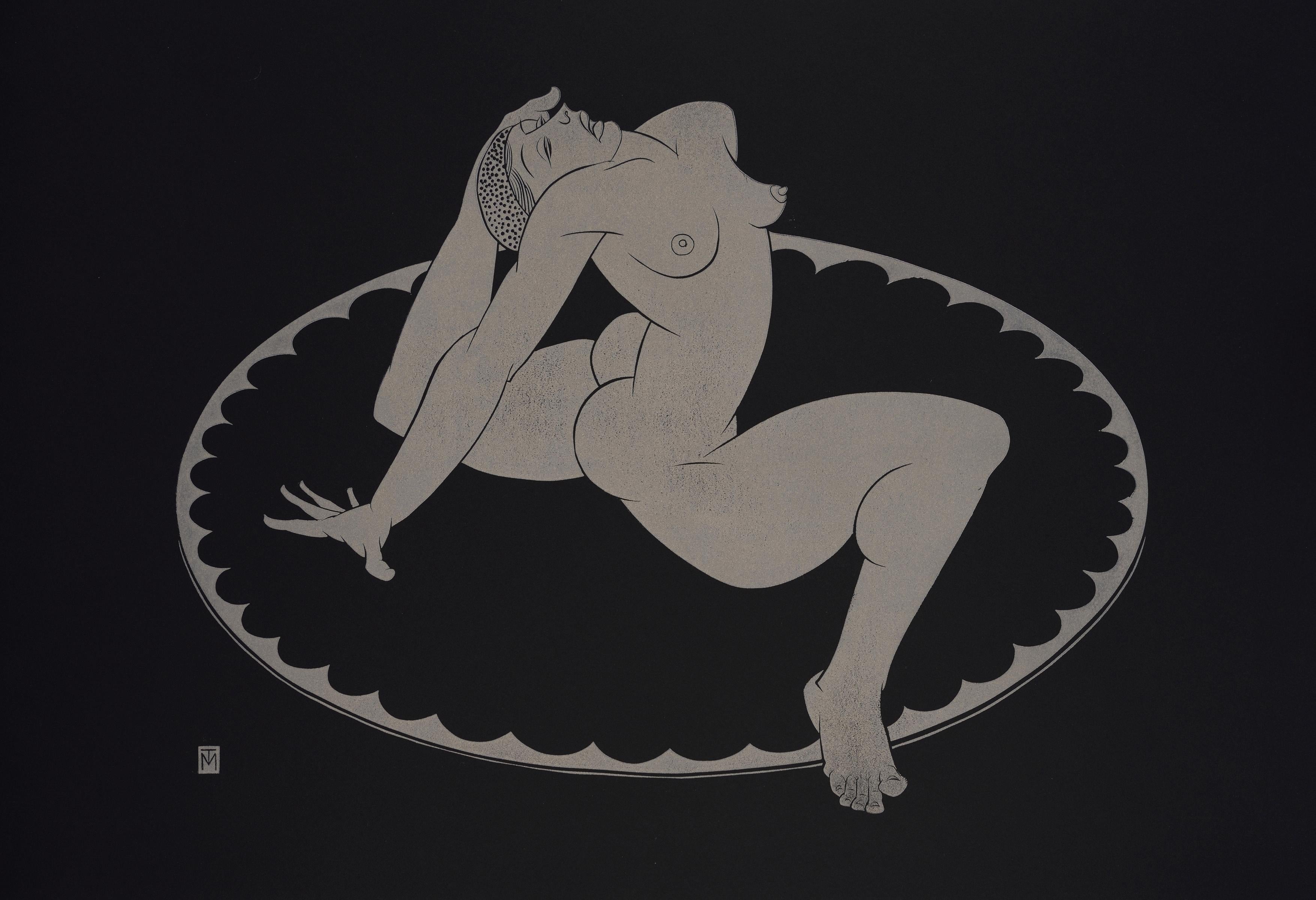 Martyn Tverdun Nude - "On The Circle" - gold block print on black paper