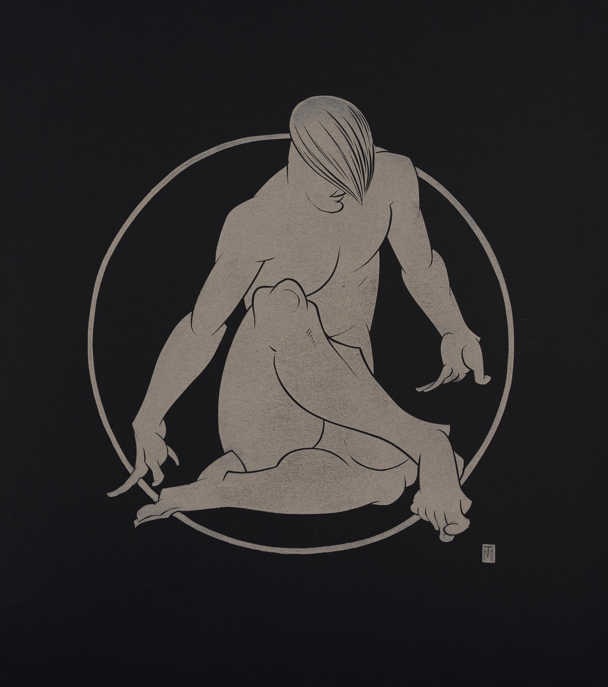 Martyn Tverdun Nude Print - "In The Circle" - gold block print on black paper, male nude
