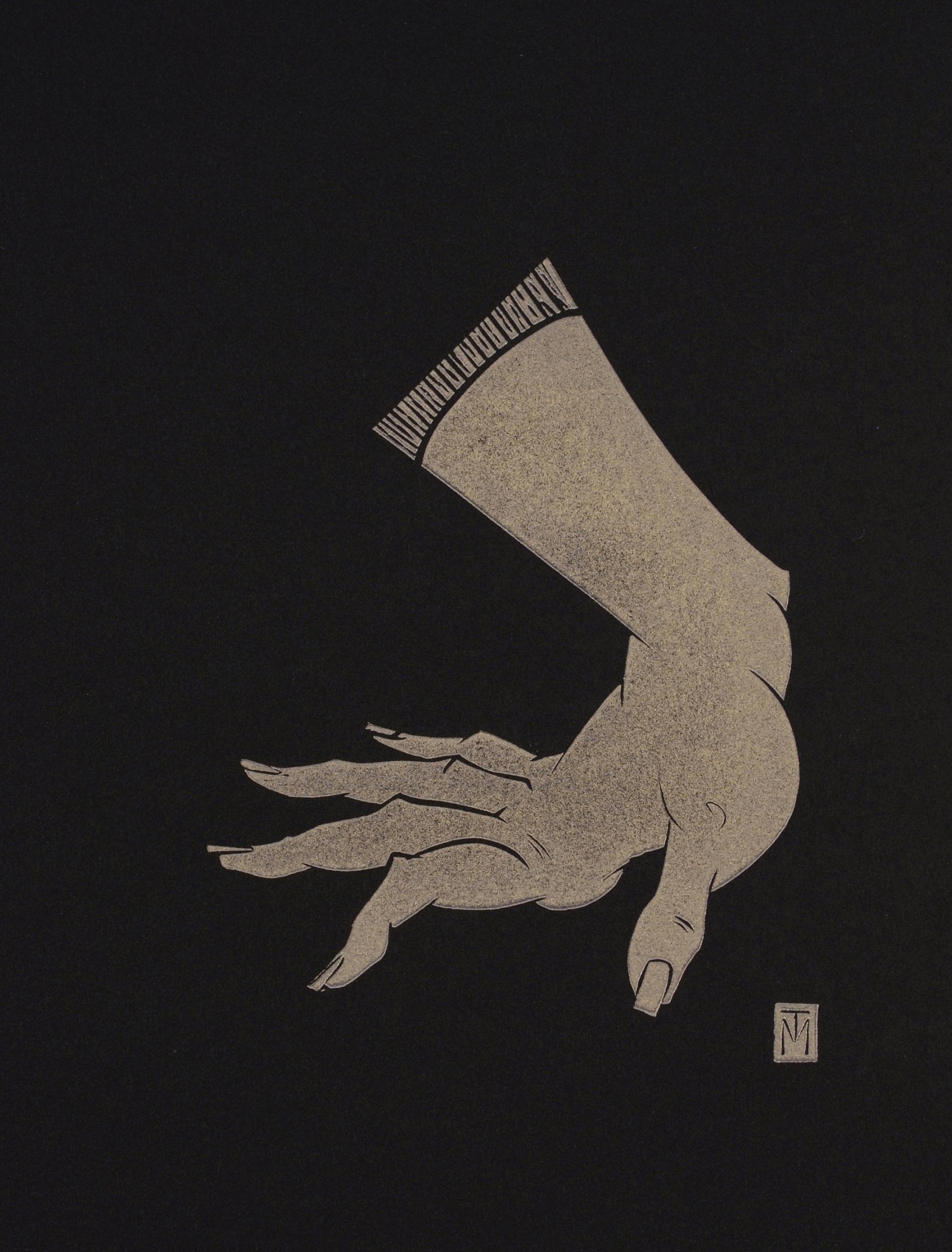 Martyn Tverdun Nude - "Hand" - gold block print on black paper