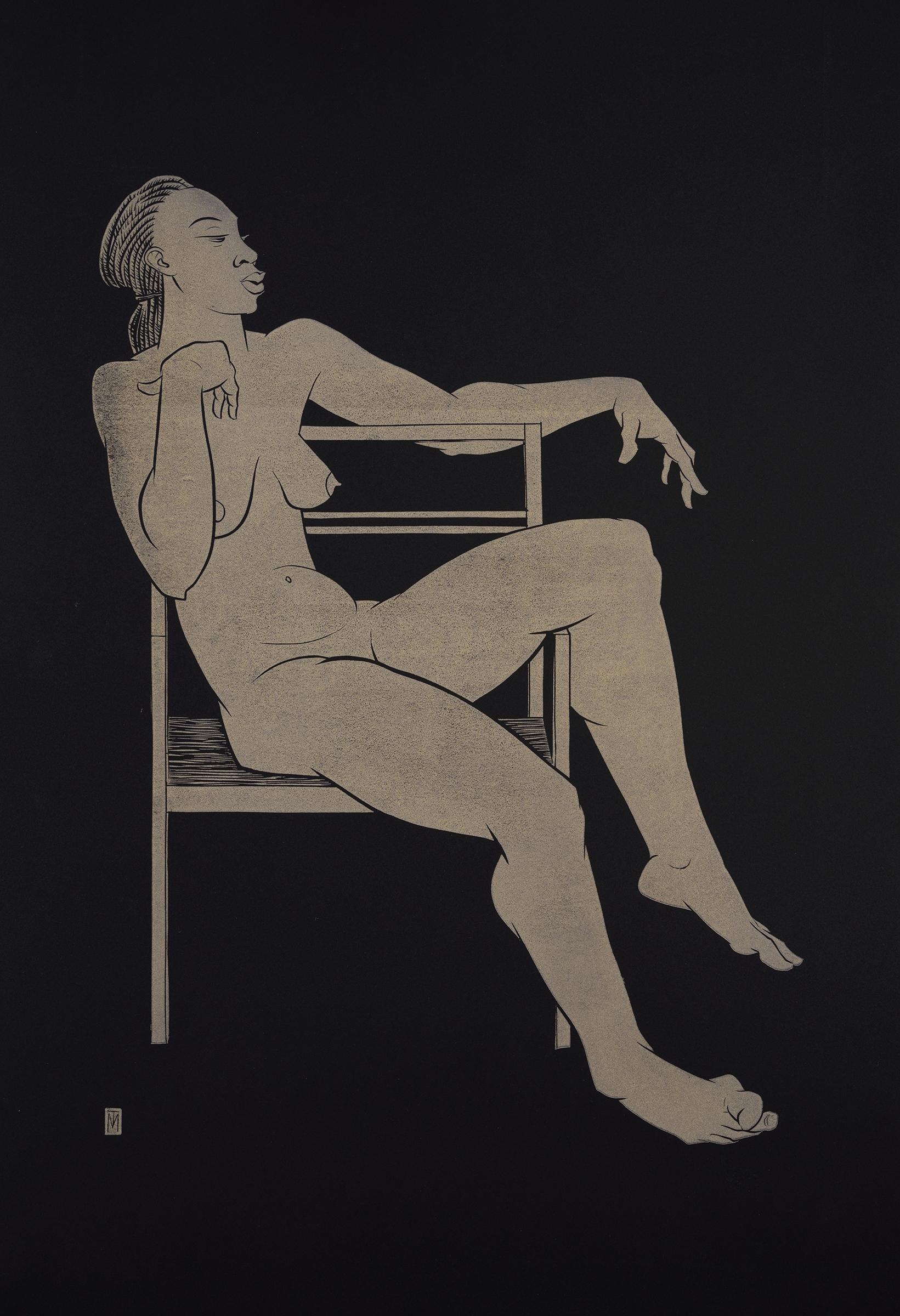 Martyn Tverdun Nude Print - "Sitting on the Chair" - gold block print on black paper, nude african female