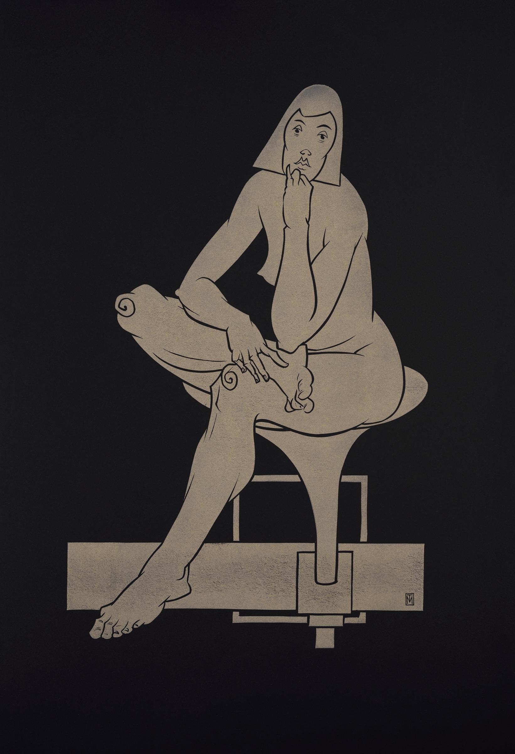 Martyn Tverdun Nude - "Sitting on the Modern Chair" - gold block print on black paper, nude female