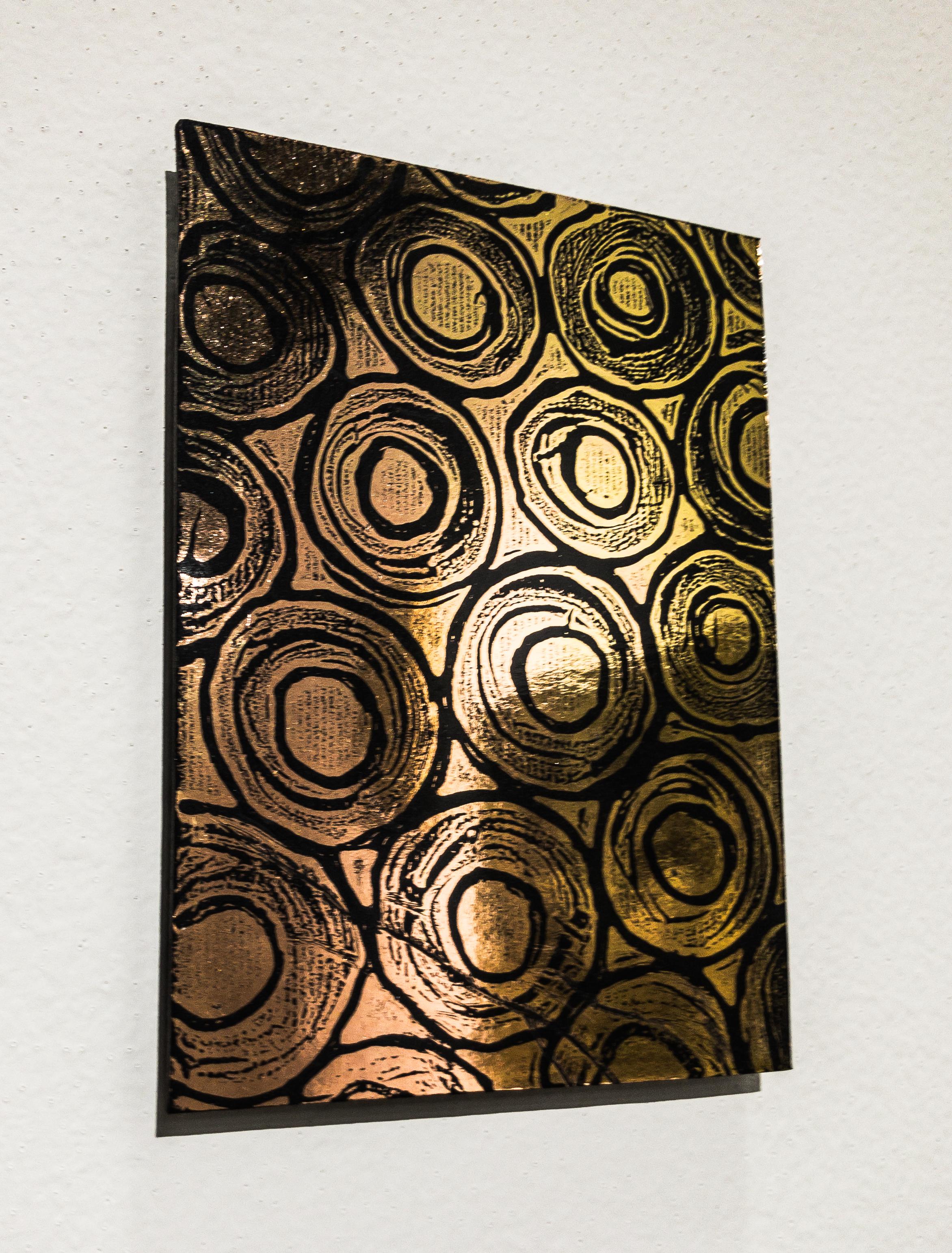 Set of twelve 5”x7” panels. Gold and copper abstract paintings set. 
Ready to Hang.
M. Clark creates dynamic conversations between constancy and chaos by manipulating heat and pressure to adhere metallic foil to varied surfaces. Her pieces reflect