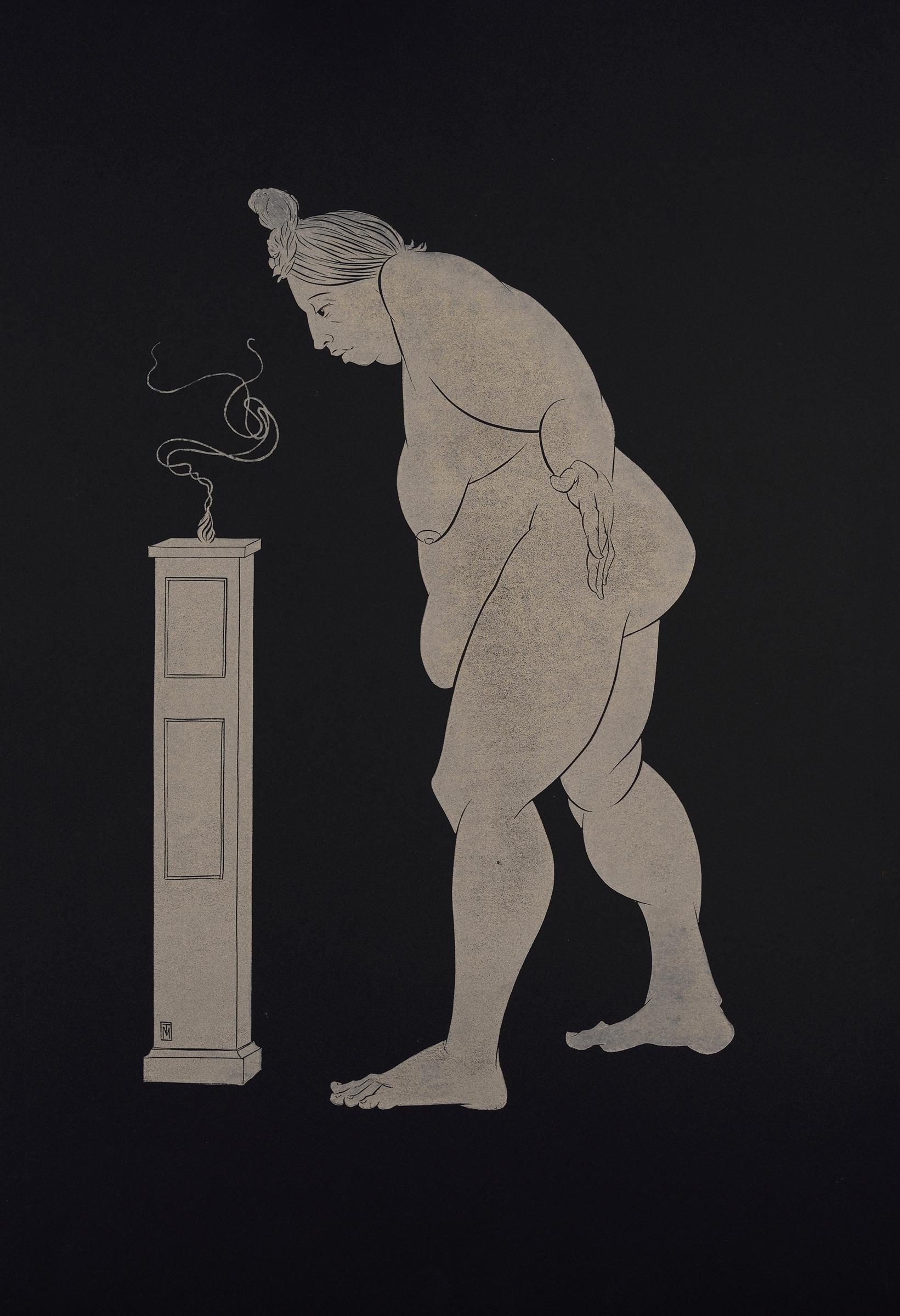 Martyn Tverdun Nude - "Scenting" - gold block print on black paper, nude female
