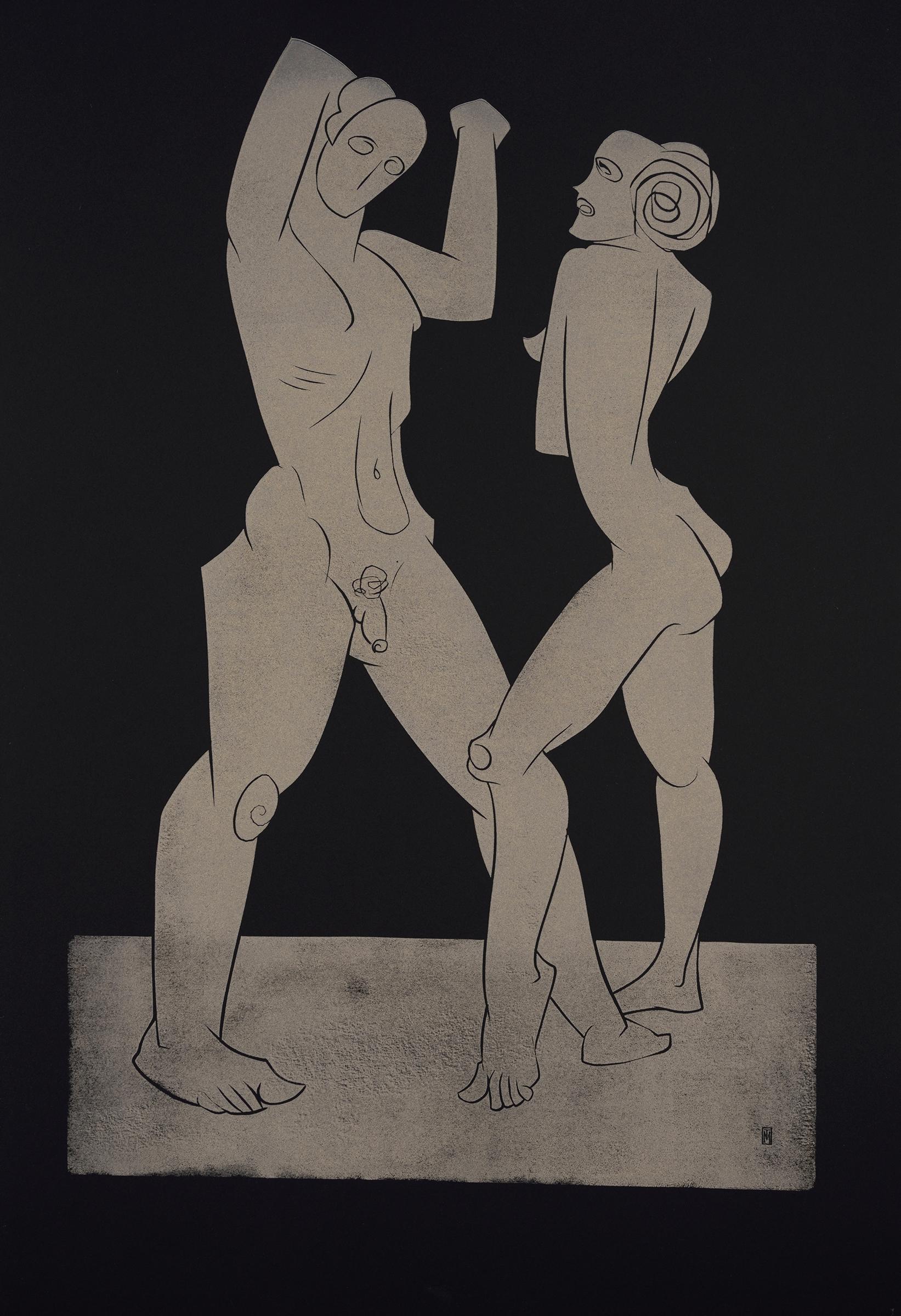 Martyn Tverdun Nude - "Dancing" - gold block print on black paper, nude male and female