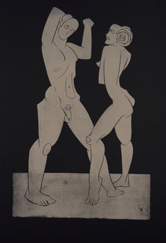 "Dancing" - gold block print on black paper, nude male and female