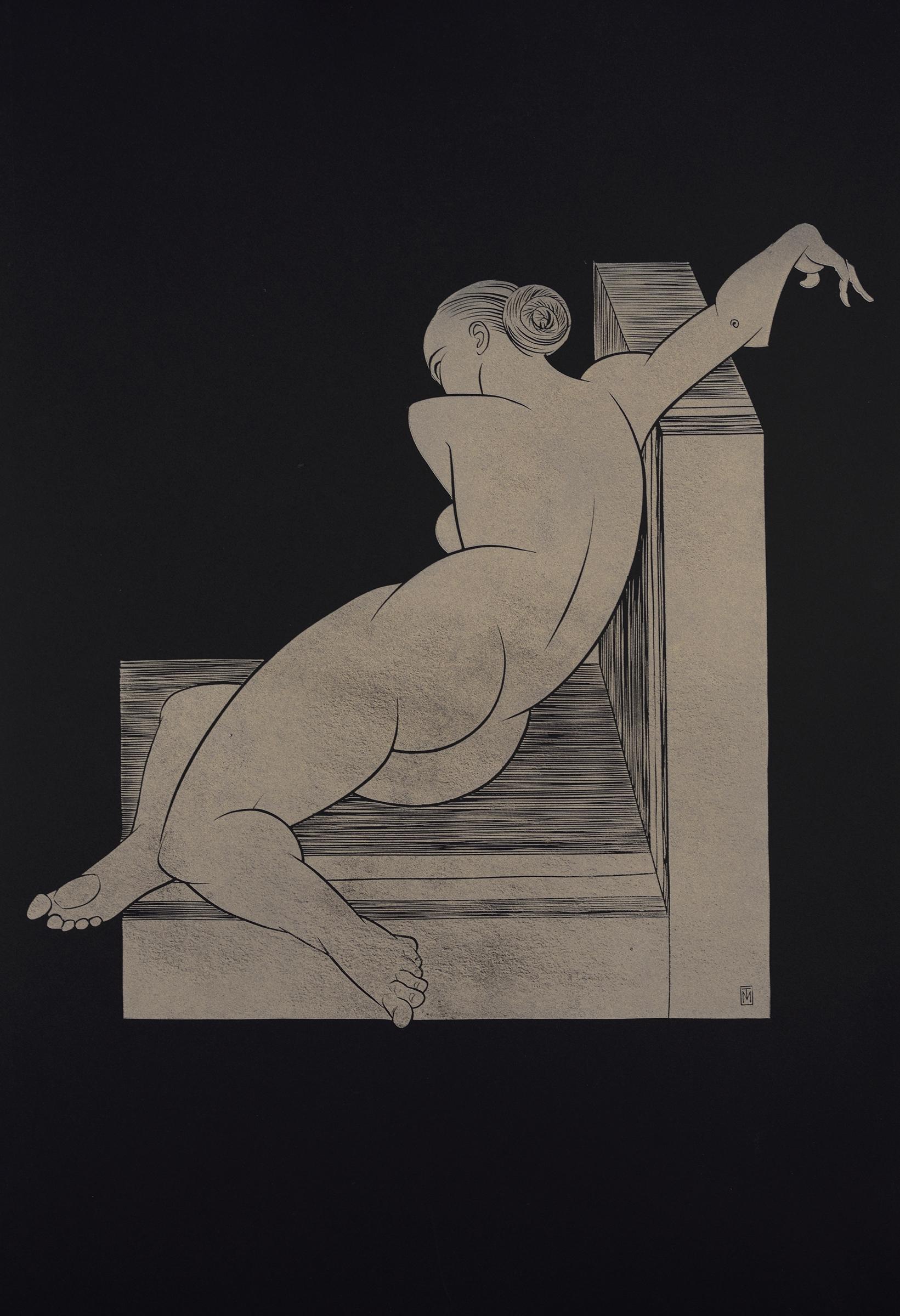 Martyn Tverdun Nude – "Half-reclining" - gold block print on black paper, nude female, art deco