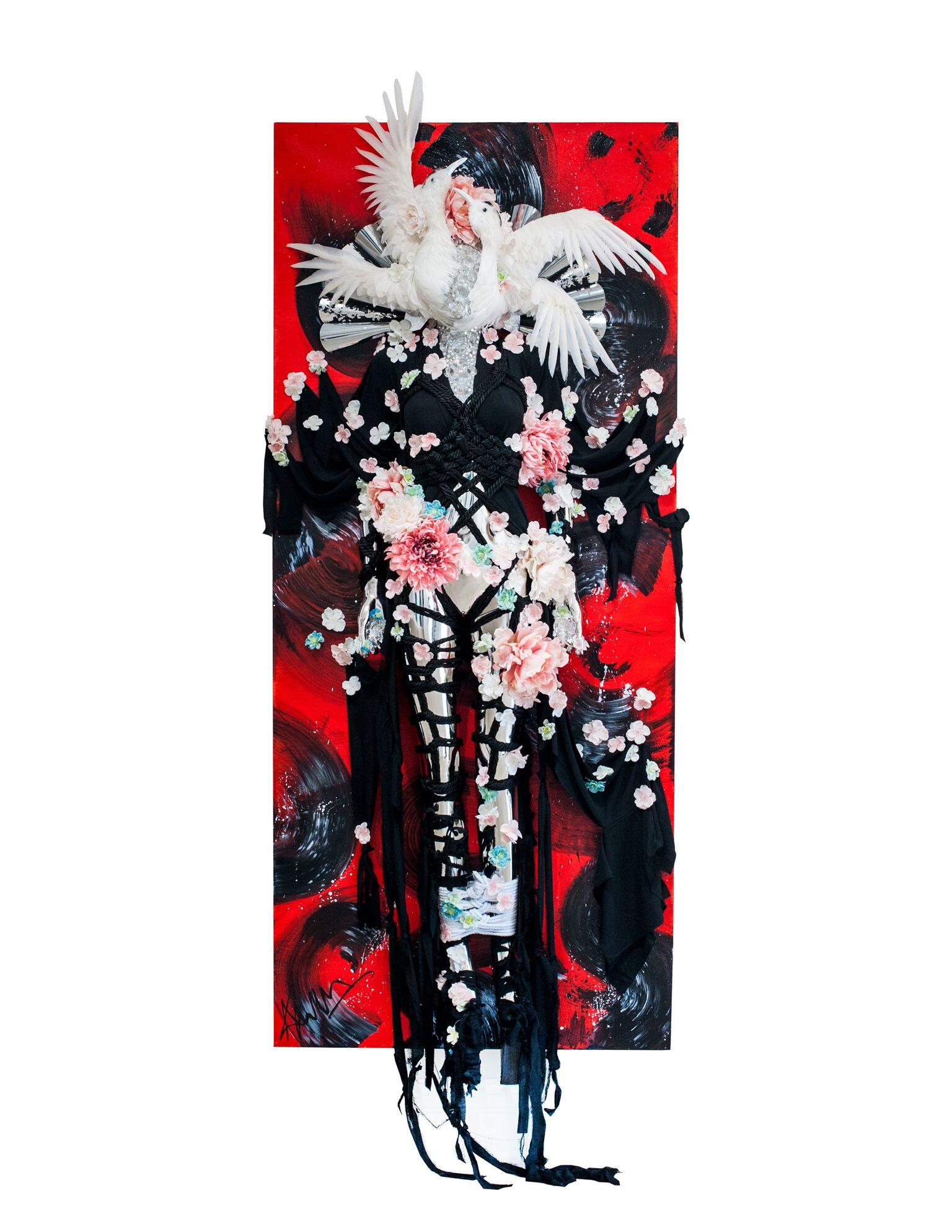 Theresa Dapra Figurative Painting - “Flight of Eternal Fortune” (air) - oriental 3D wall piece in red