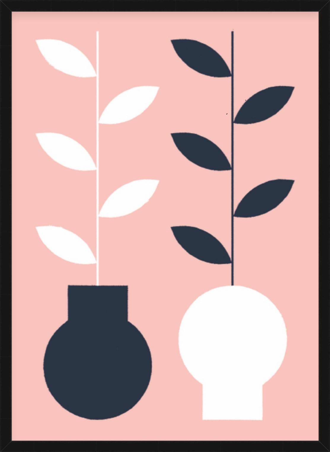 Simon Appel Figurative Print - "Yin Yang" - pink digital print with plants, black frame