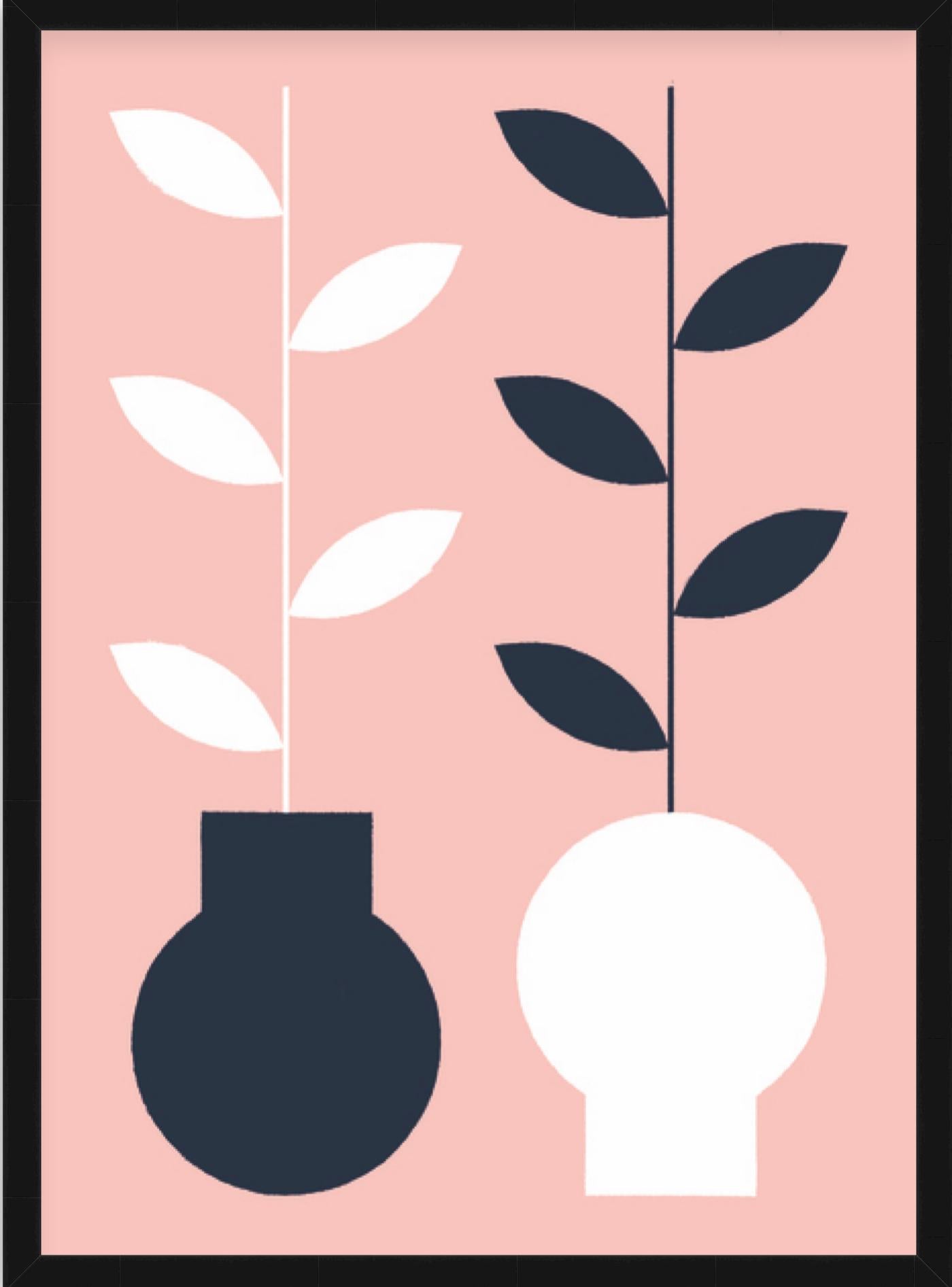 Simon Appel Figurative Print - "Yin Yang" - pink digital print with plants, black frame