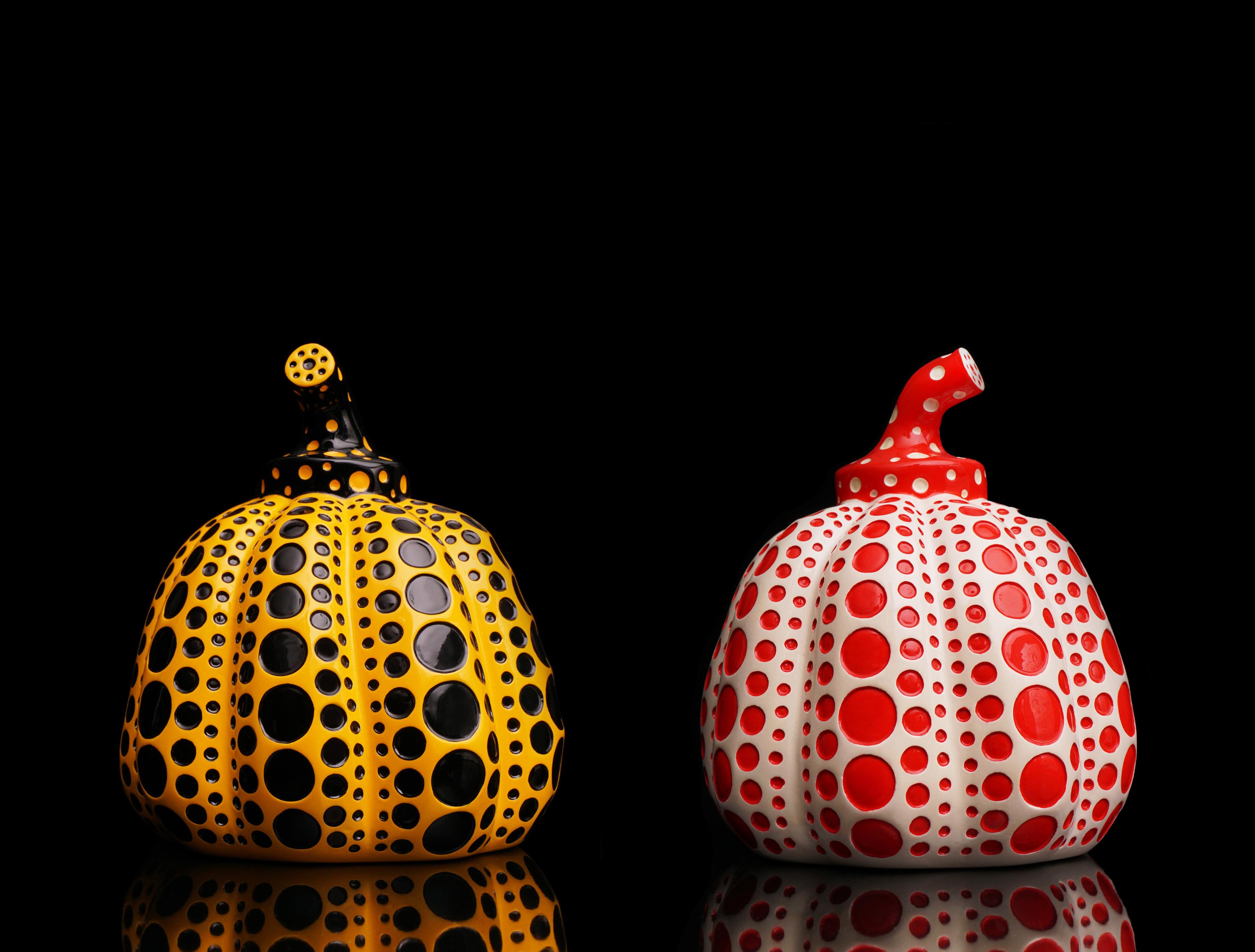 The ’Pumpkin' Set of Two sculptures are polka-dotted painted lacquer resin collectible art objects by the legendary contemporary Artist, Yayoi Kusama. Published by Benesse Holdings, Inc., Naoshima, Japan. Created in 2016, the polka-dot pumpkin