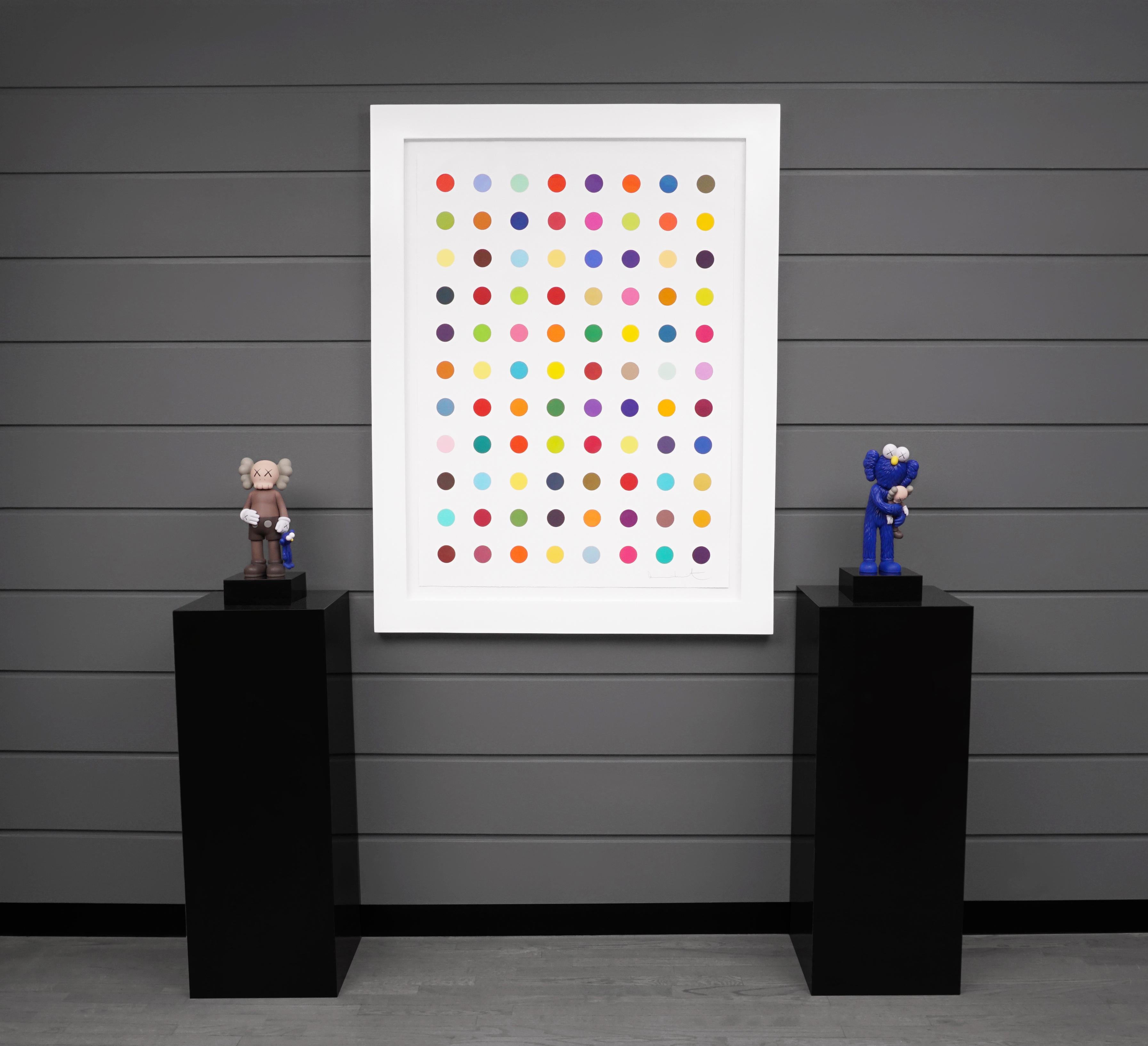 The contemporary pop-art Vertical 'Spots' III is an archival woodcut print on paper of the iconic 'Spots Series' by Damien Hirst. This minimalist blue chip artwork has a bright candy-color palette formed with series unique colors, in perfect linear