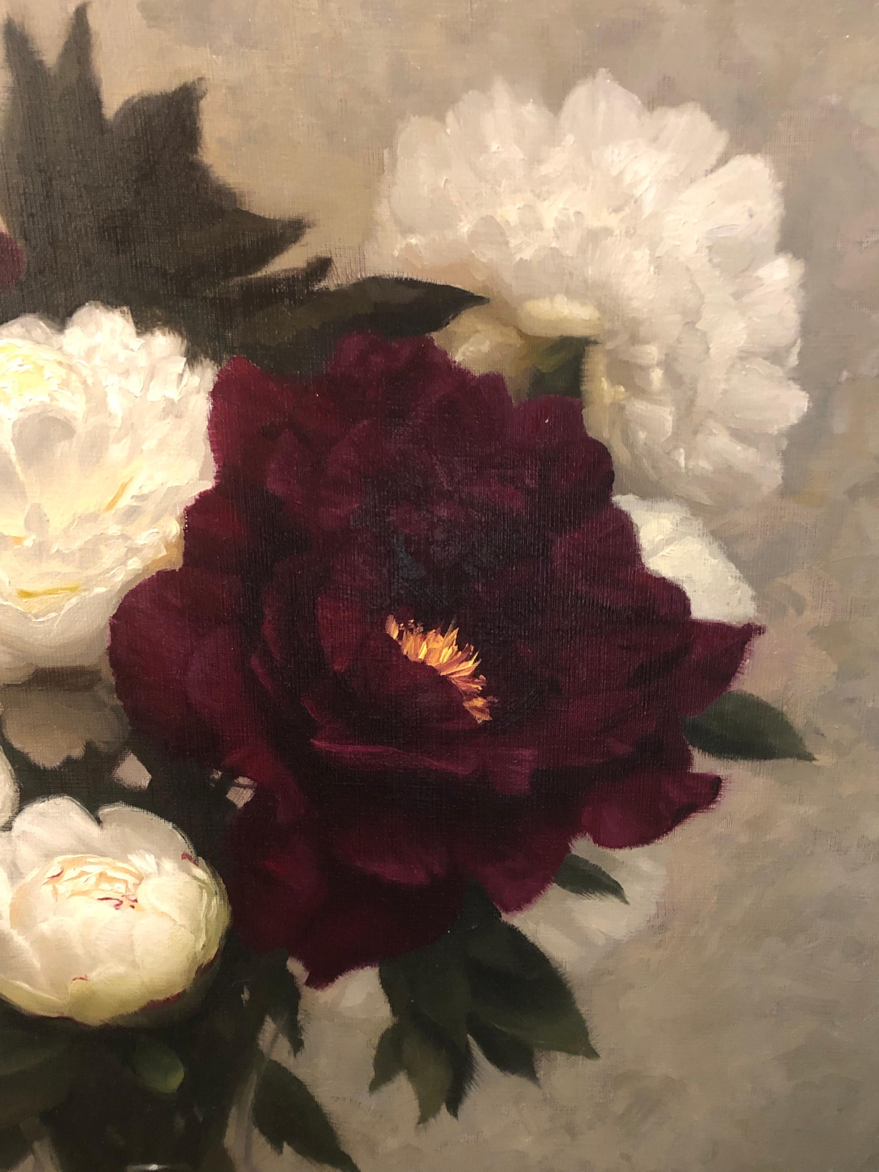 A gorgeous, large still life of peonies in full bloom. Oil on linen, beautifully framed.

Brendan Johnston (b.1984) is a compelling young painter and sculptor dedicated to reviving traditional fine art. Brendan was born in New York City and grew up