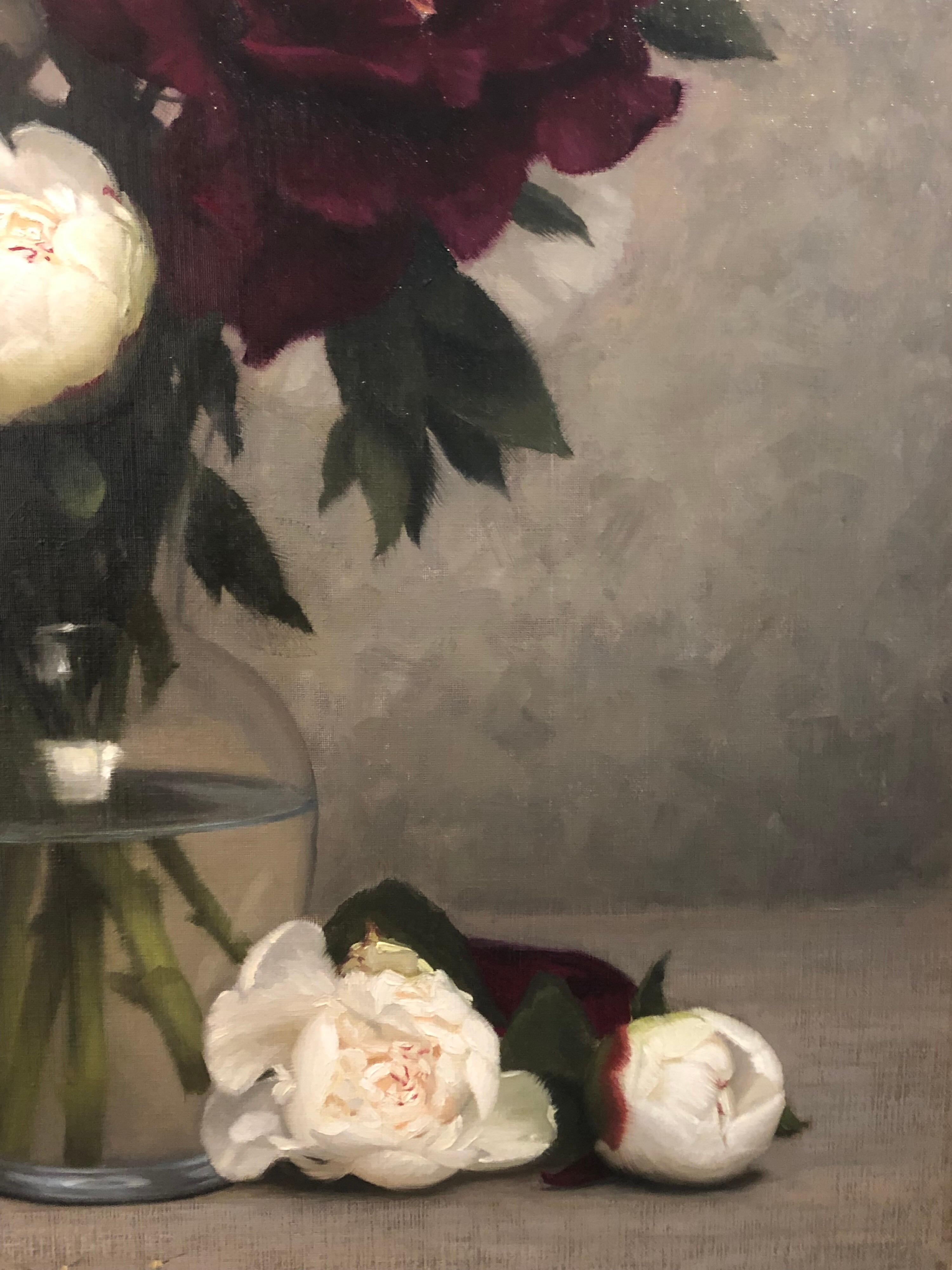 Red and White Peony Bouquet - American Realist Painting by Brendan Johnston