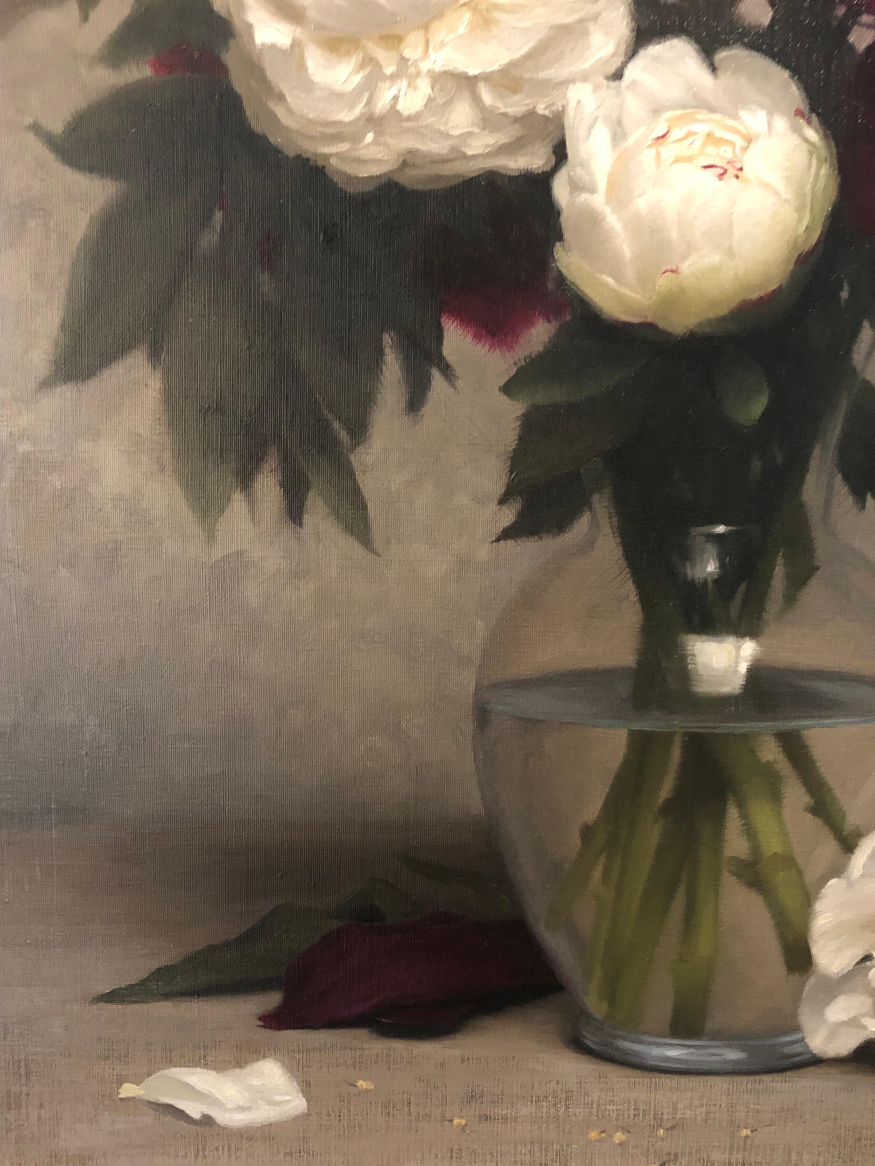 Red and White Peony Bouquet - Black Still-Life Painting by Brendan Johnston