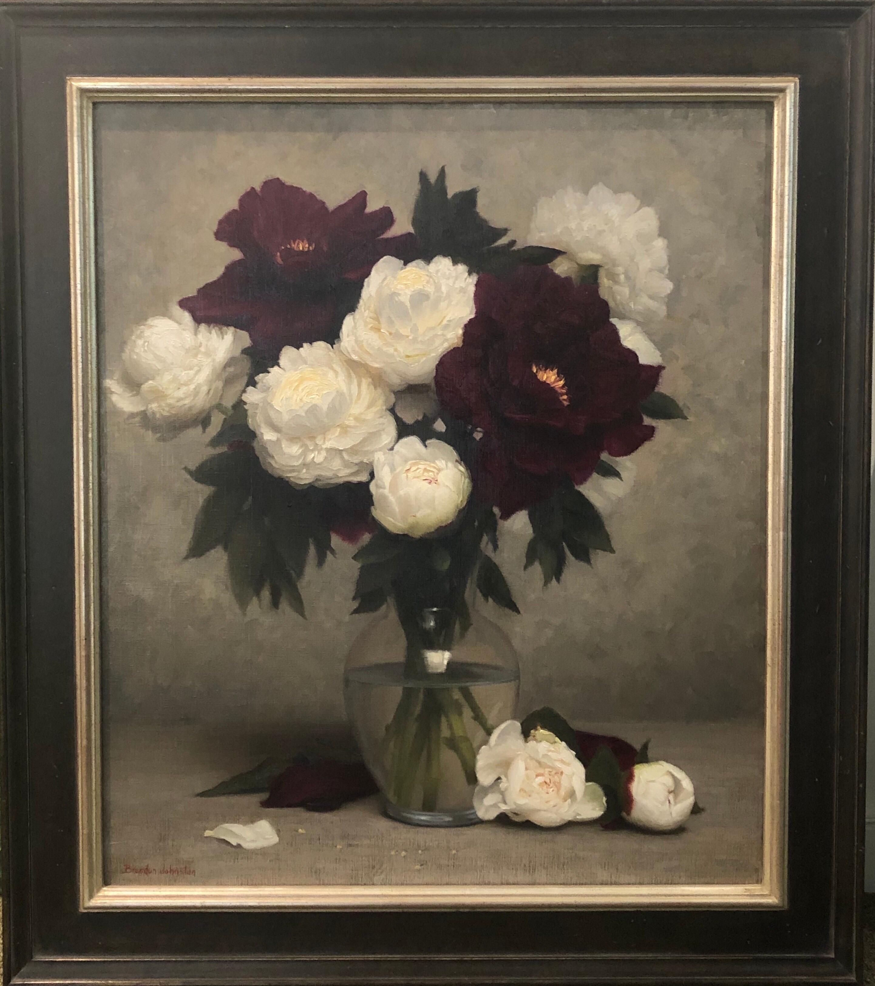 Brendan Johnston Still-Life Painting - Red and White Peony Bouquet