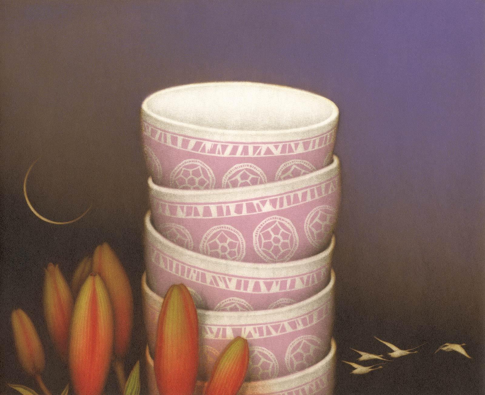 Yong-Hyun Kwon Interior Print - Lillies and Bowls (still life of flowers and colorful bowls)