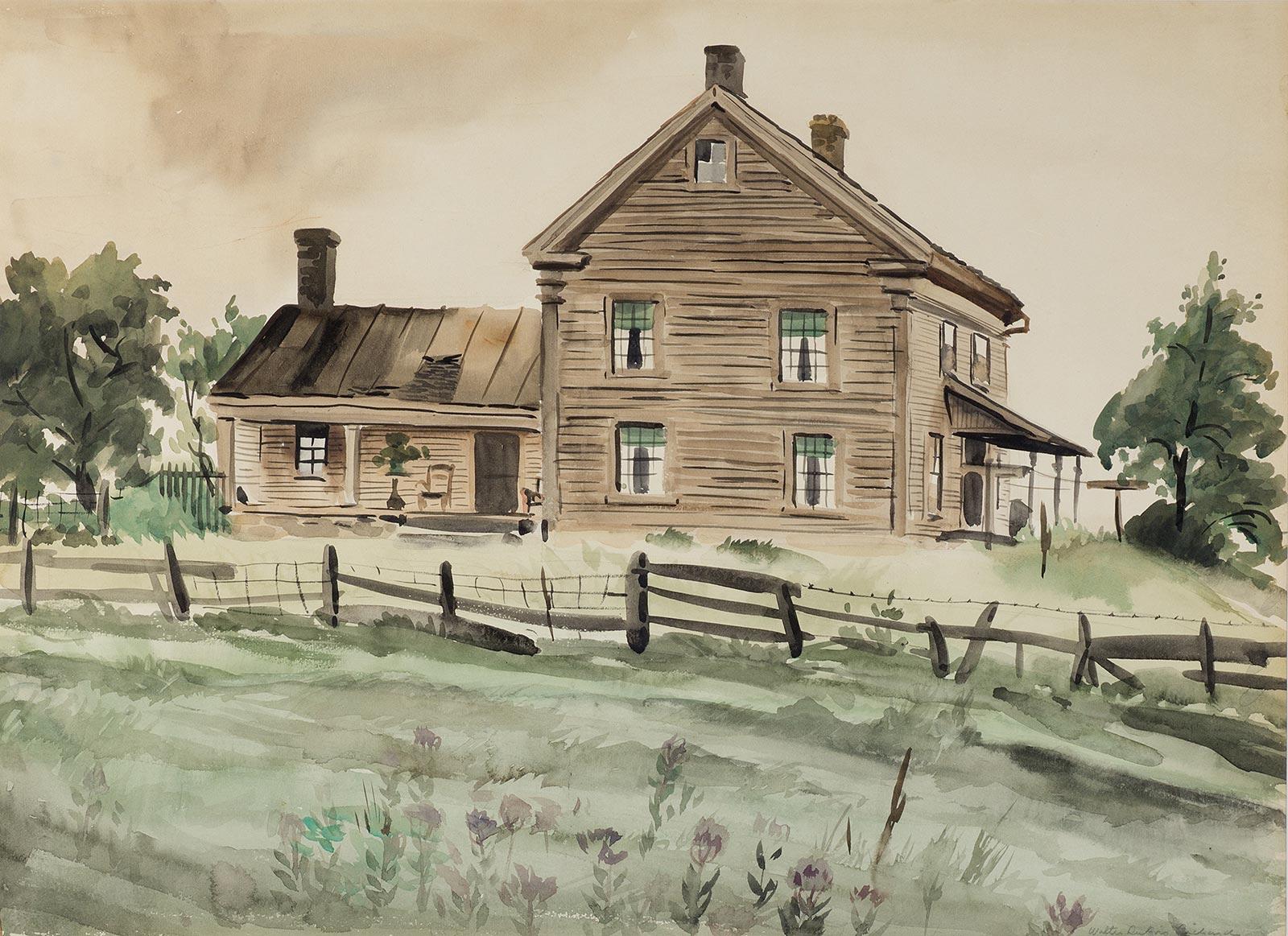 Walter DuBois Richards Landscape Art - Ohio Roadside (Large house with split rail fence on an Ohio roadside)