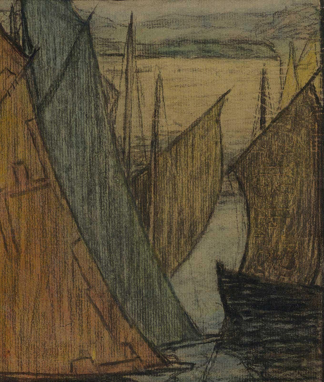 River Aglow (color charcoal and pastel on paper of sailboats on sea) - Art by Brunetta Herman Crawford
