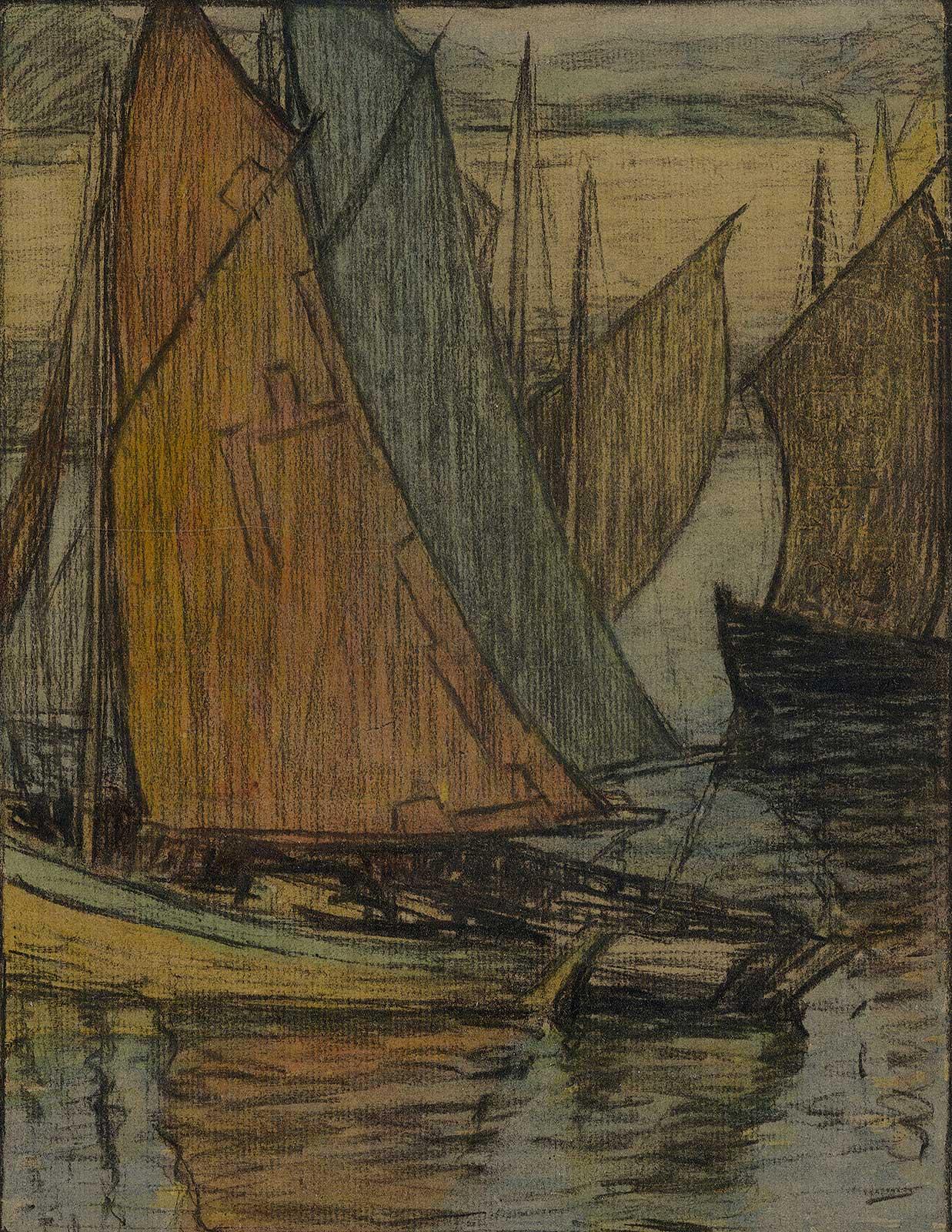 Brunetta Herman Crawford Landscape Art - River Aglow (color charcoal and pastel on paper of sailboats on sea)