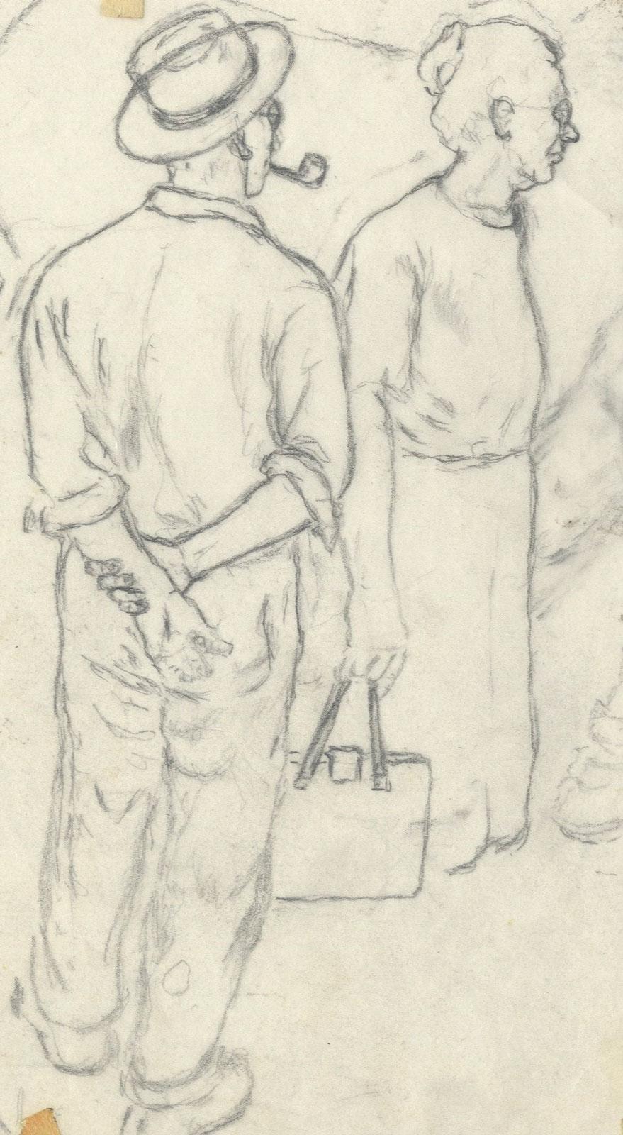 sketch of man with pipe and woman with purse