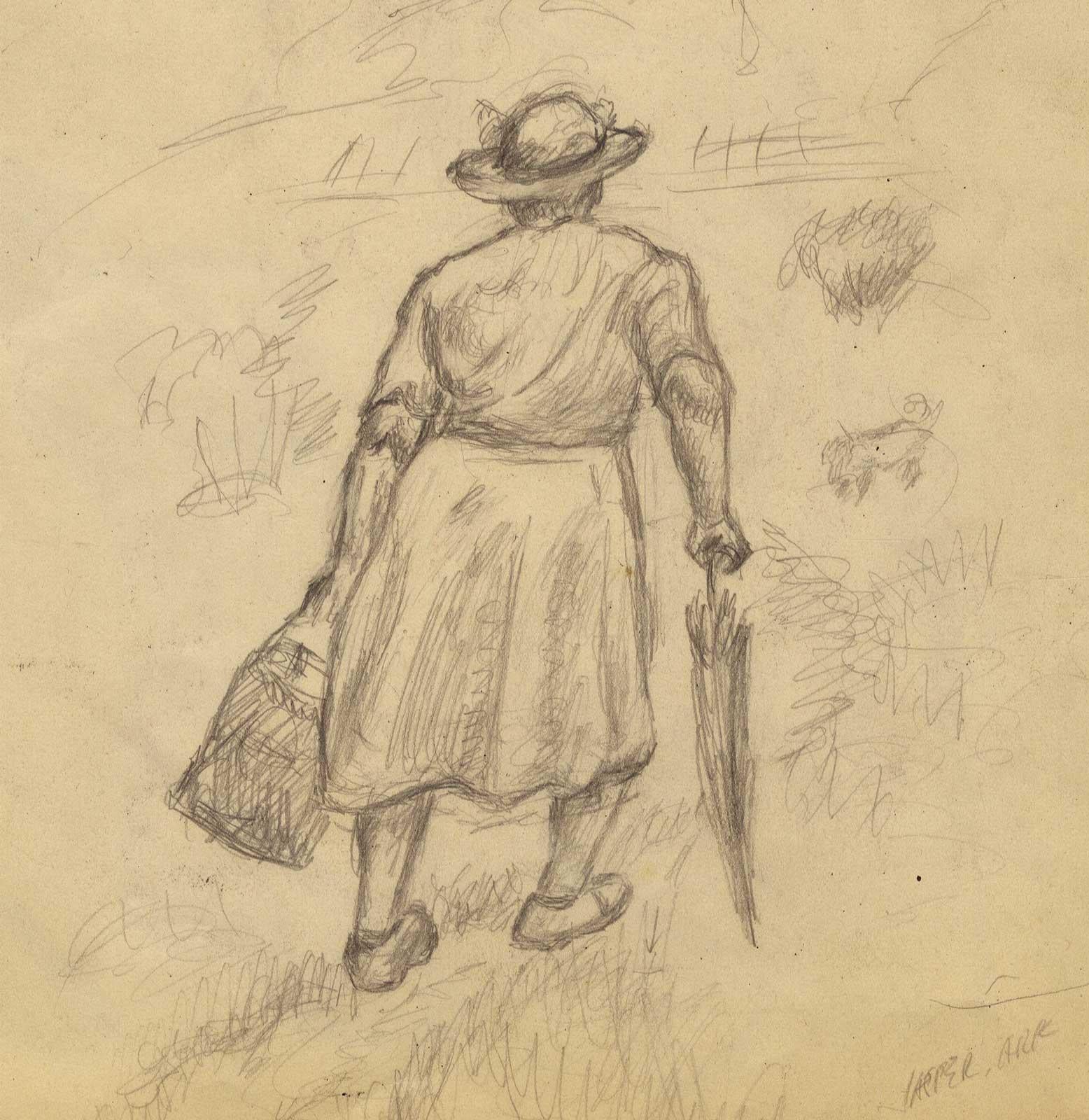 This is a page from the artist's sketchbooks. Six pencil drawings show figures  that might have been in preparation for future lithographs,  Certainly the woman with the umbrella could have been an early iteration for September Storm. There is also