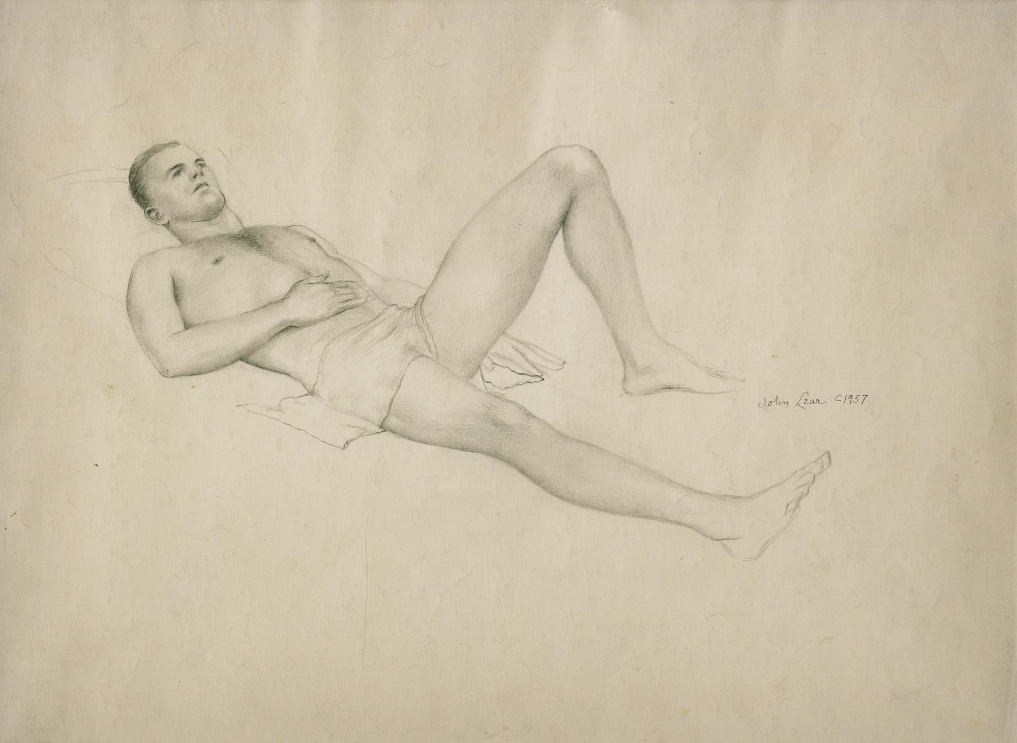 John Brock Lear Figurative Art – Resting Man (Mann entspannt sich nur mit einem kleinen Handtuch)