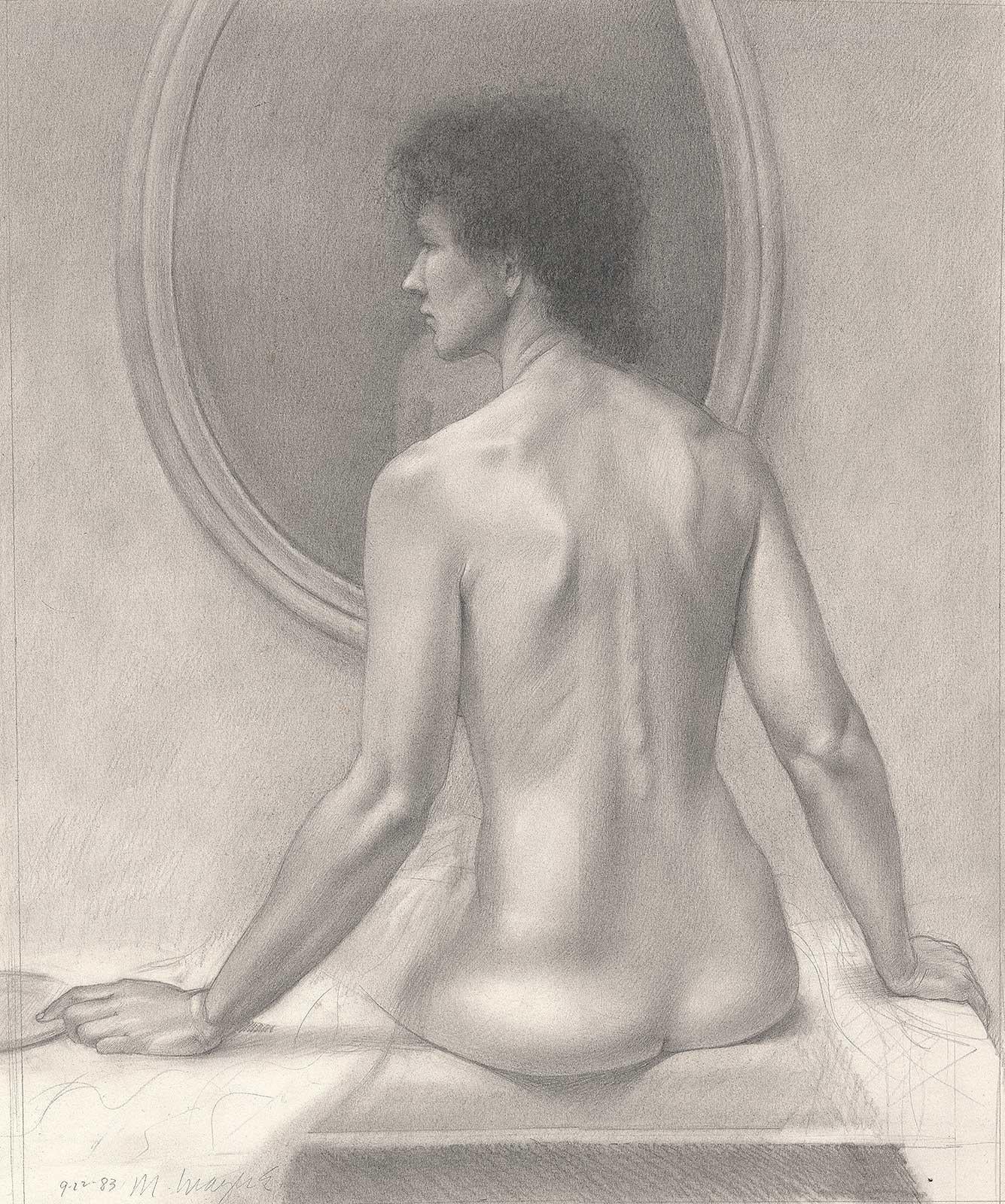Woman With Mirror (Nude woman looks to the left as she sits in front of mirror) - Art by Martha Erlebacher