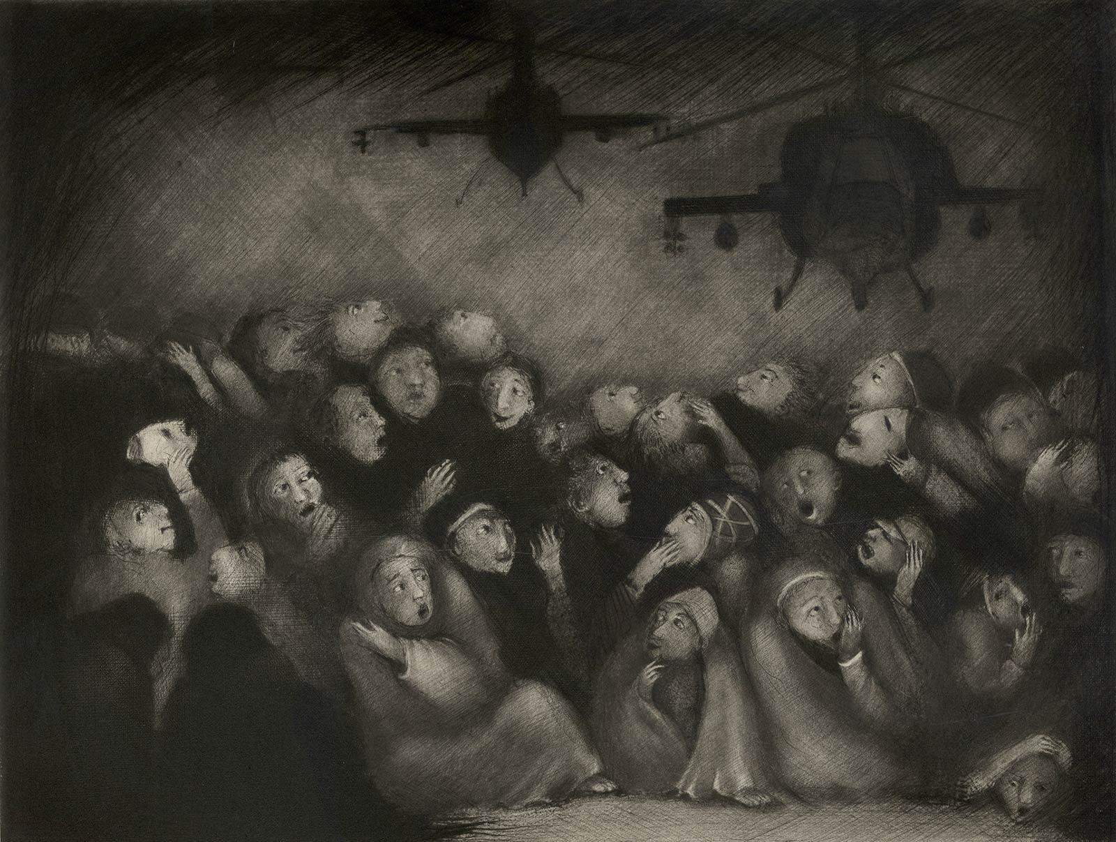 Ana Maria Pacheco Figurative Print - Lux Aeterna I (Eternal Light -The Requiem/ copters hover over fearful refugees)