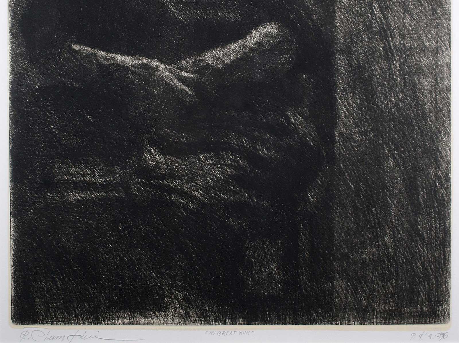 Ma grand-mère (la mère de l'artiste, la quintessence de la matrice italienne) - Noir Figurative Print par Paolo Ciampini