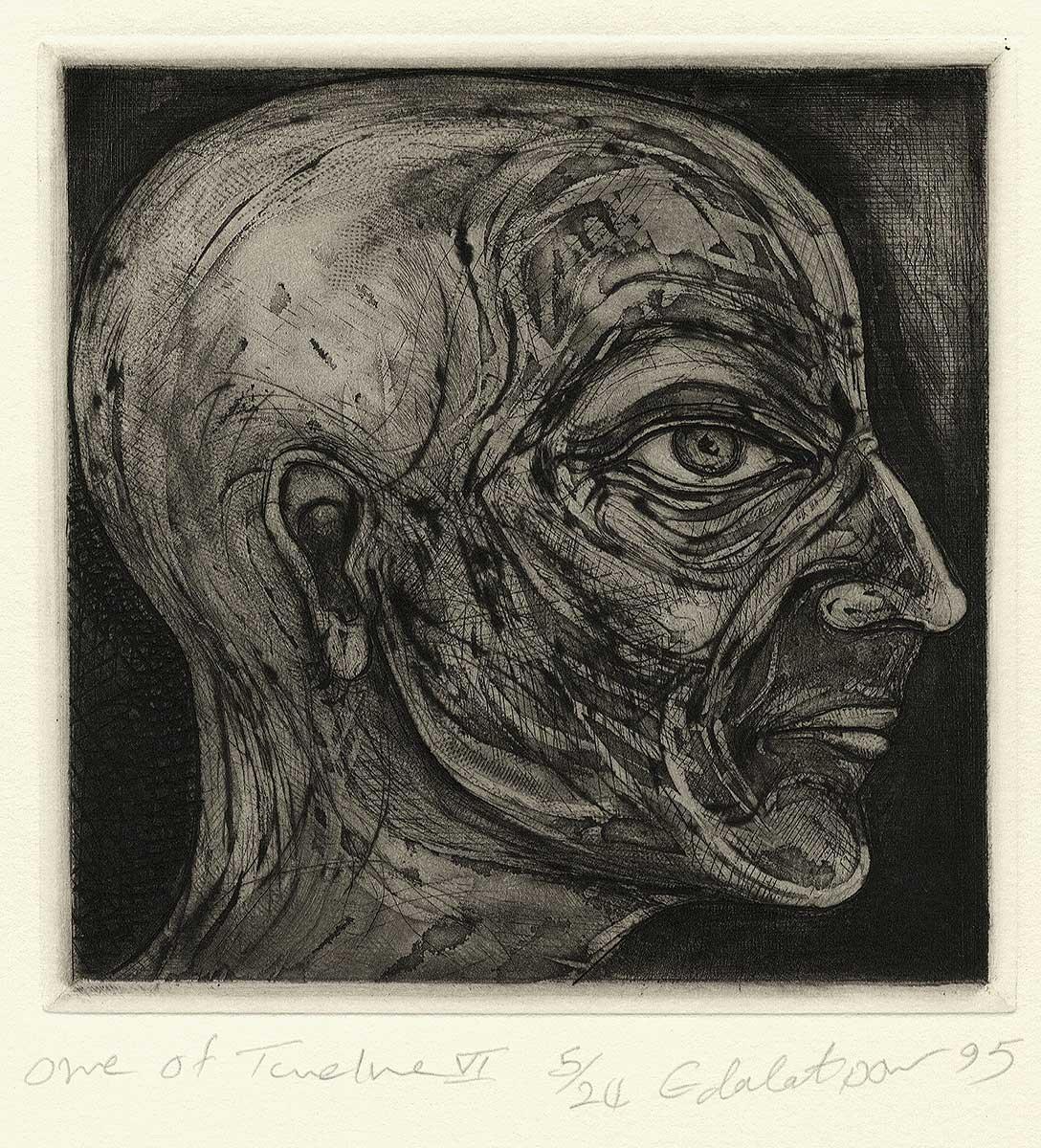 One of Twelve VI (etchings of one of 12 heads based on  monumental sculpture) - Black Portrait Print by Seyed M. S. Edalatpour