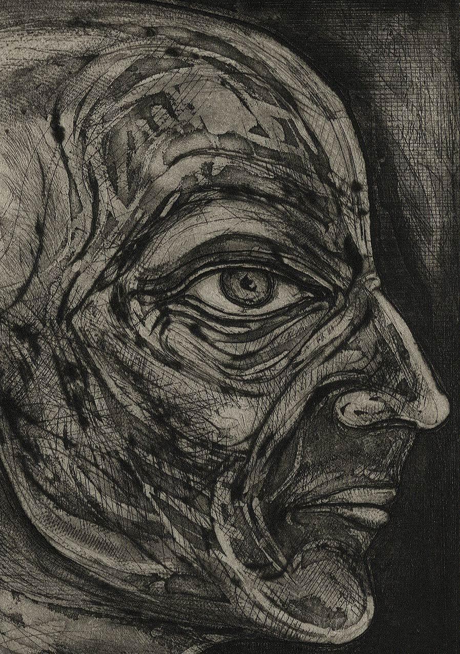 One of Twelve VI (etchings of one of 12 heads based on  monumental sculpture) - Print by Seyed M. S. Edalatpour