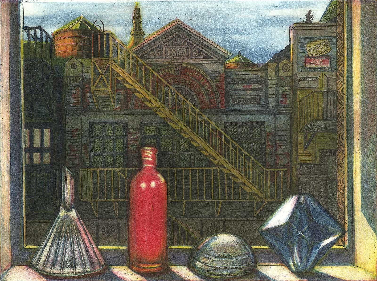 Mary Teichman Still-Life Print – Klassische Anspielung (Stillleben von Objekten:: die an einem Fenster in Brooklyn sitzen)