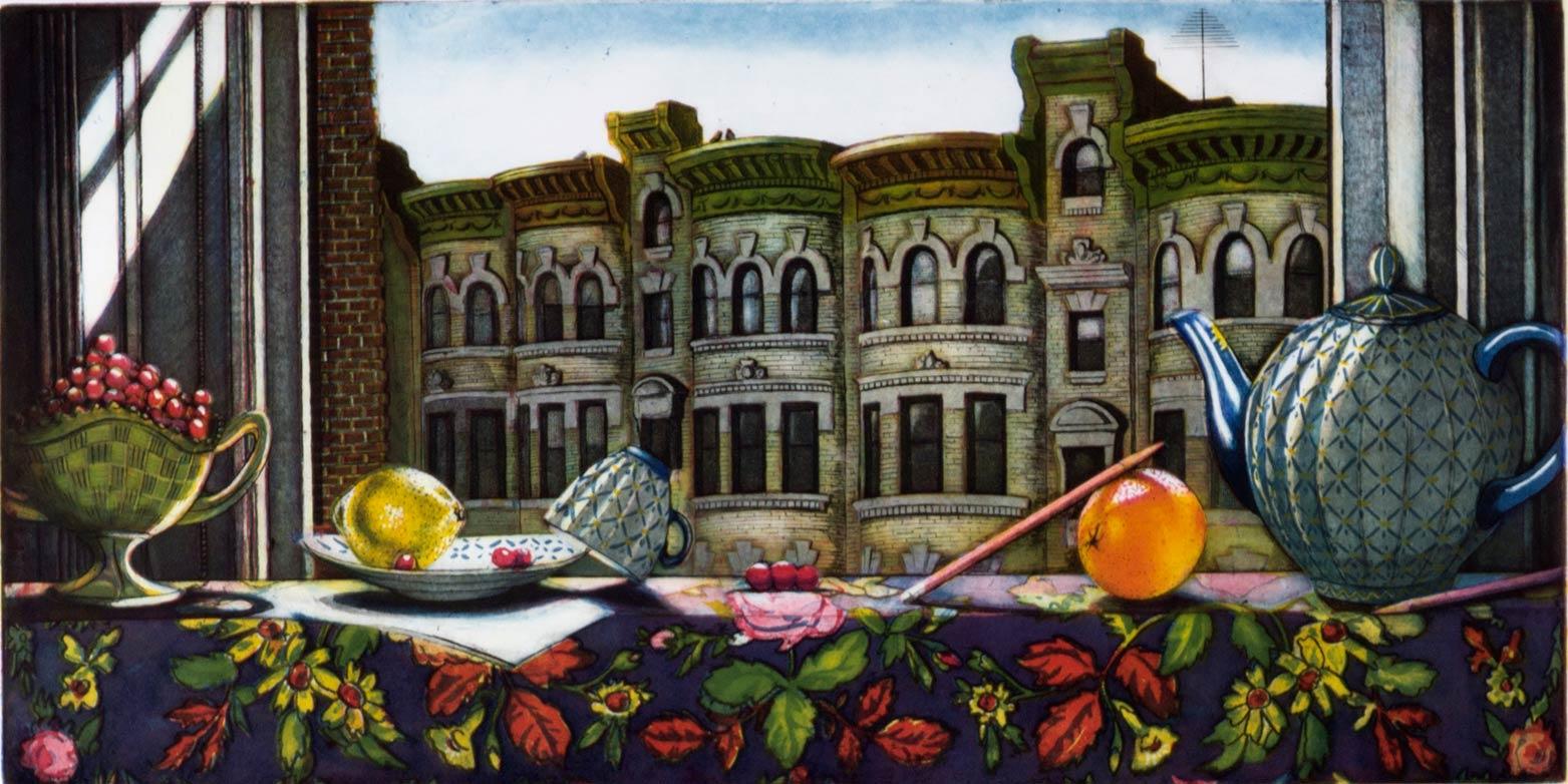 Mary Teichman Still-Life Print - Delicate Balance ( still life in window sill overlooking building across)