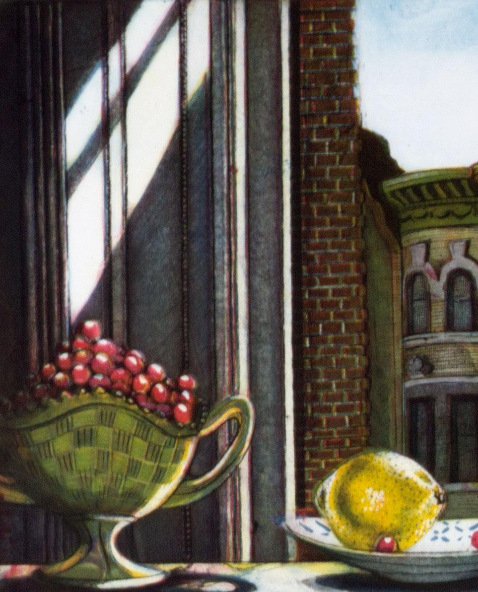 Delicate Balance ( still life in window sill overlooking building across) - Print by Mary Teichman