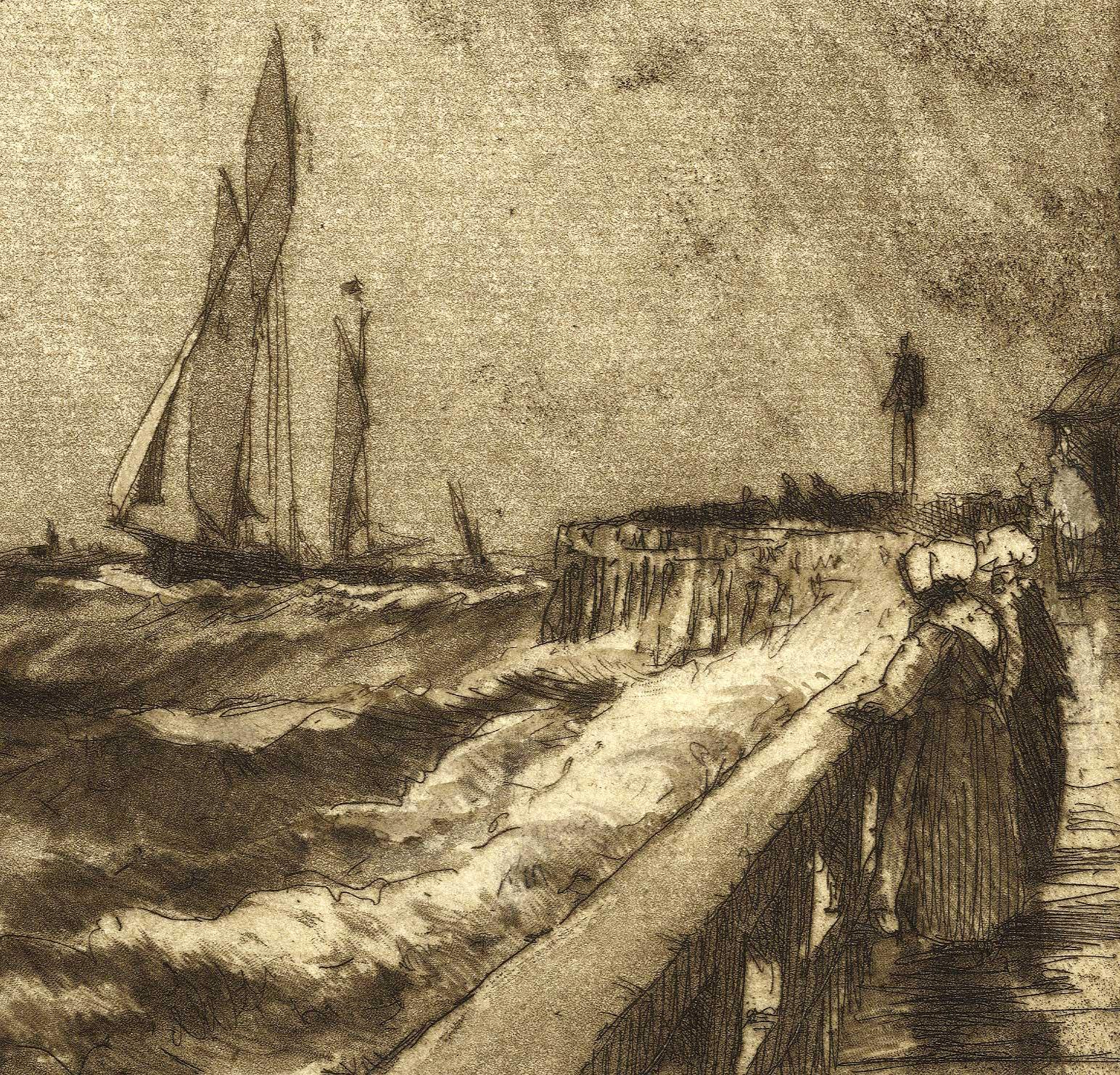 Two Girls (two women stand by the seawall watching ships battle the angry seas) - Print by Nelson Dawson