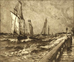 Two Girls (two women stand by the seawall watching ships battle the angry seas)