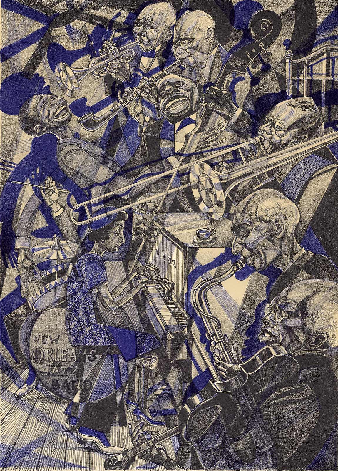 William Sharp Portrait Print - Jam Session (New Orleans Jazz musicians jam in Preservation Hall setting)