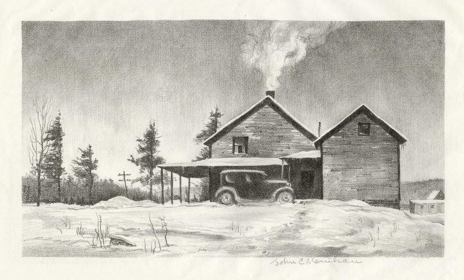 Leon's House (the warm home as a refuge on a cold day in upstate New York) - Gray Landscape Print by John Menihan