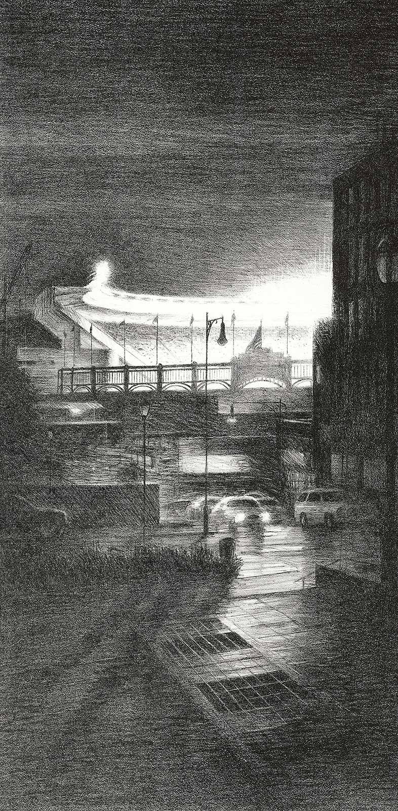 Bill Murphy Landscape Print - Night Game, The Bronx (late summer night at Yankee Stadium in the final season)