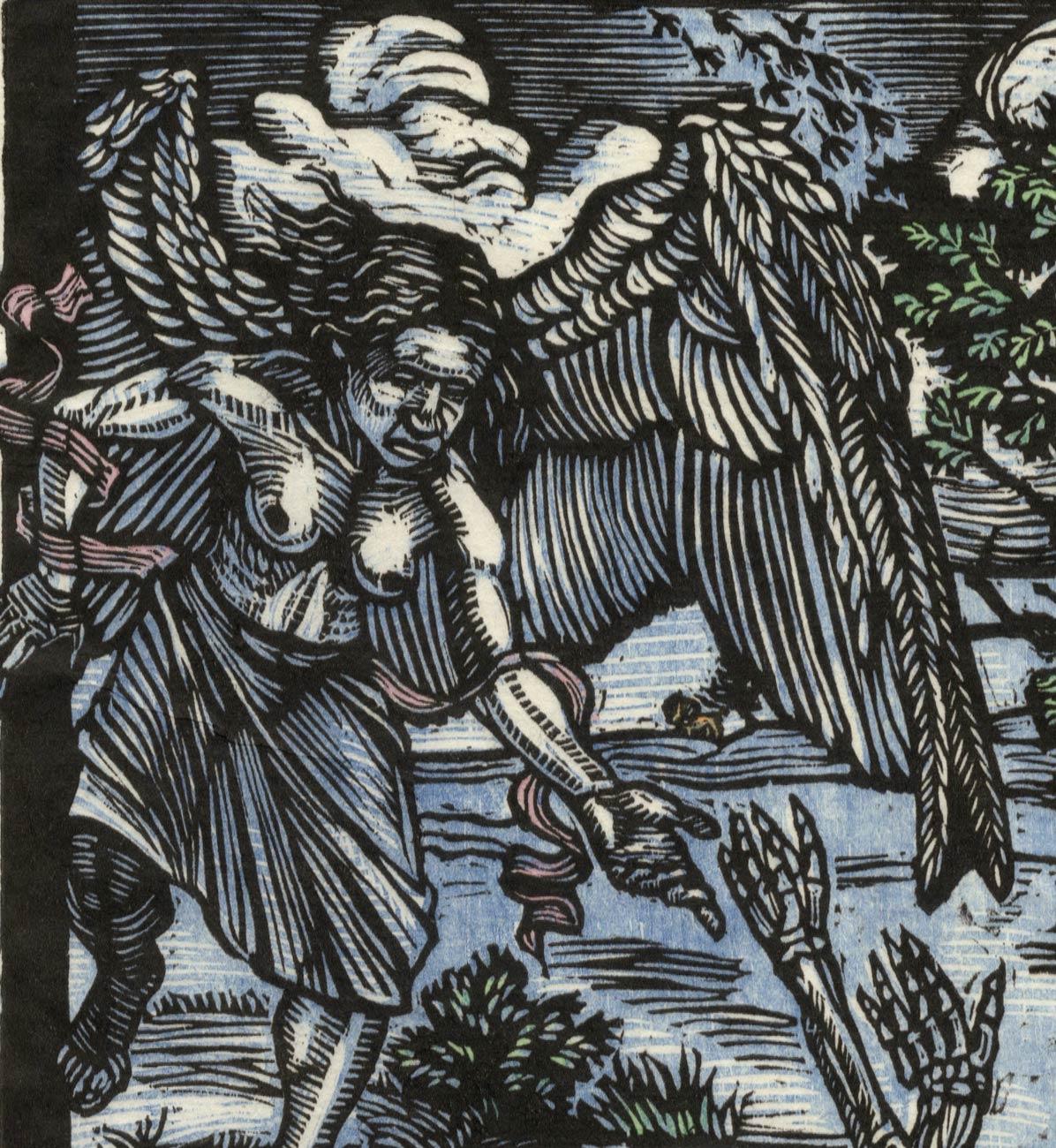 Angel and Skeleton (the rescuing Angel appears to be female) - Print by Donna Evans