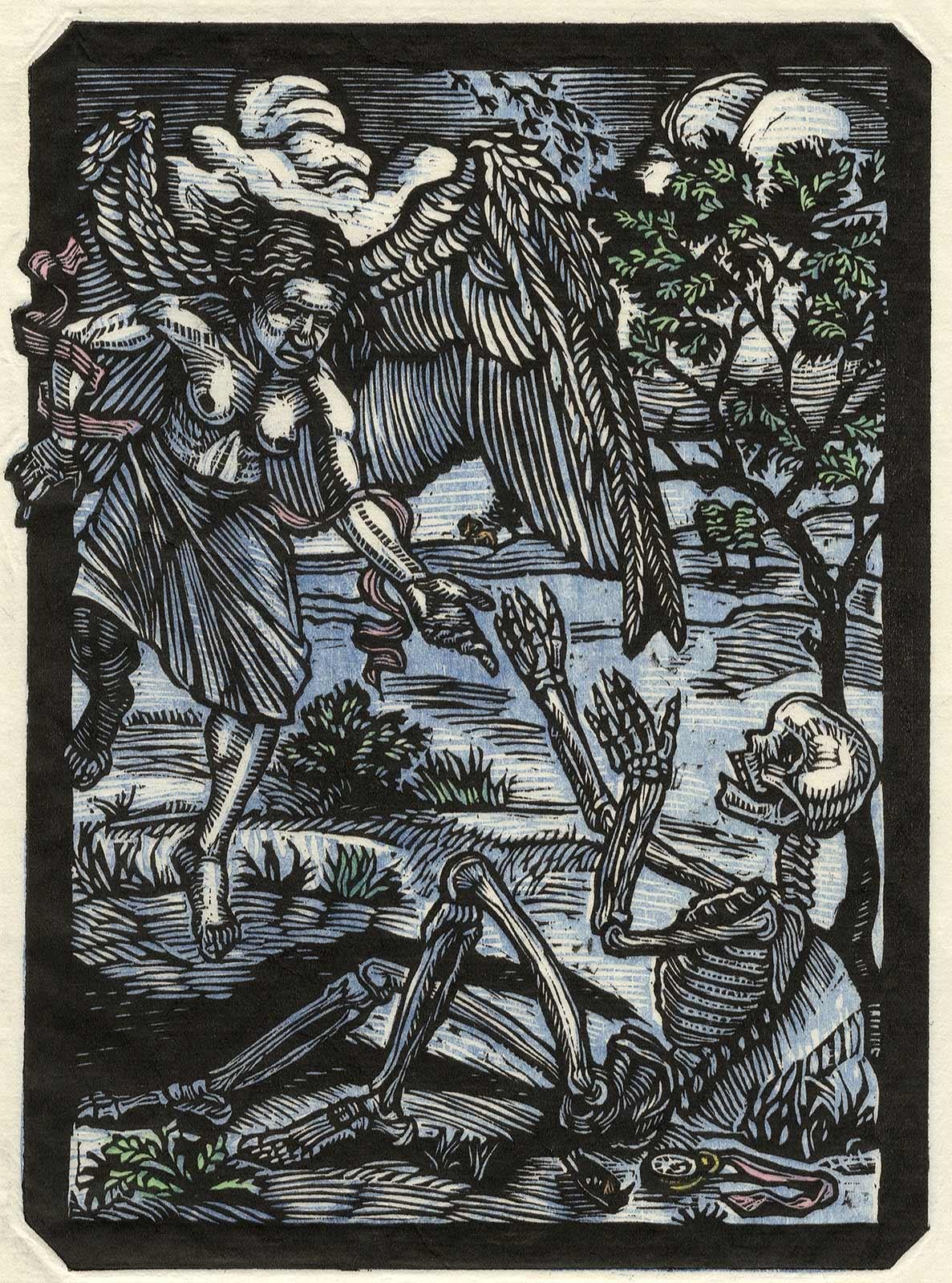 Donna Evans Figurative Print - Angel and Skeleton (the rescuing Angel appears to be female)