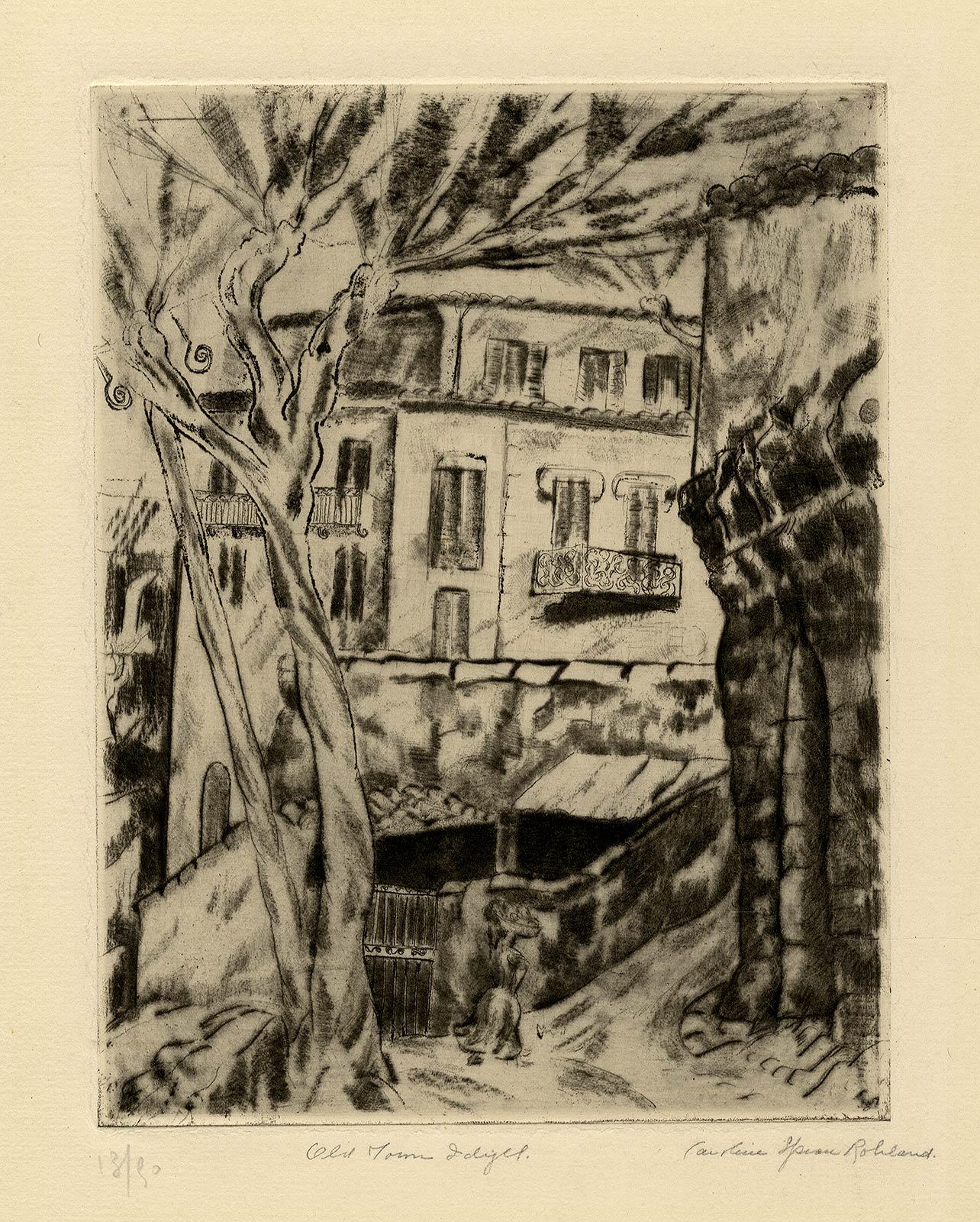 Old Town Idyll:: Bourbon Street (New Orleans berühmte Straße in den 1930er Jahren) (Braun), Landscape Print, von Caroline Speare Rohland